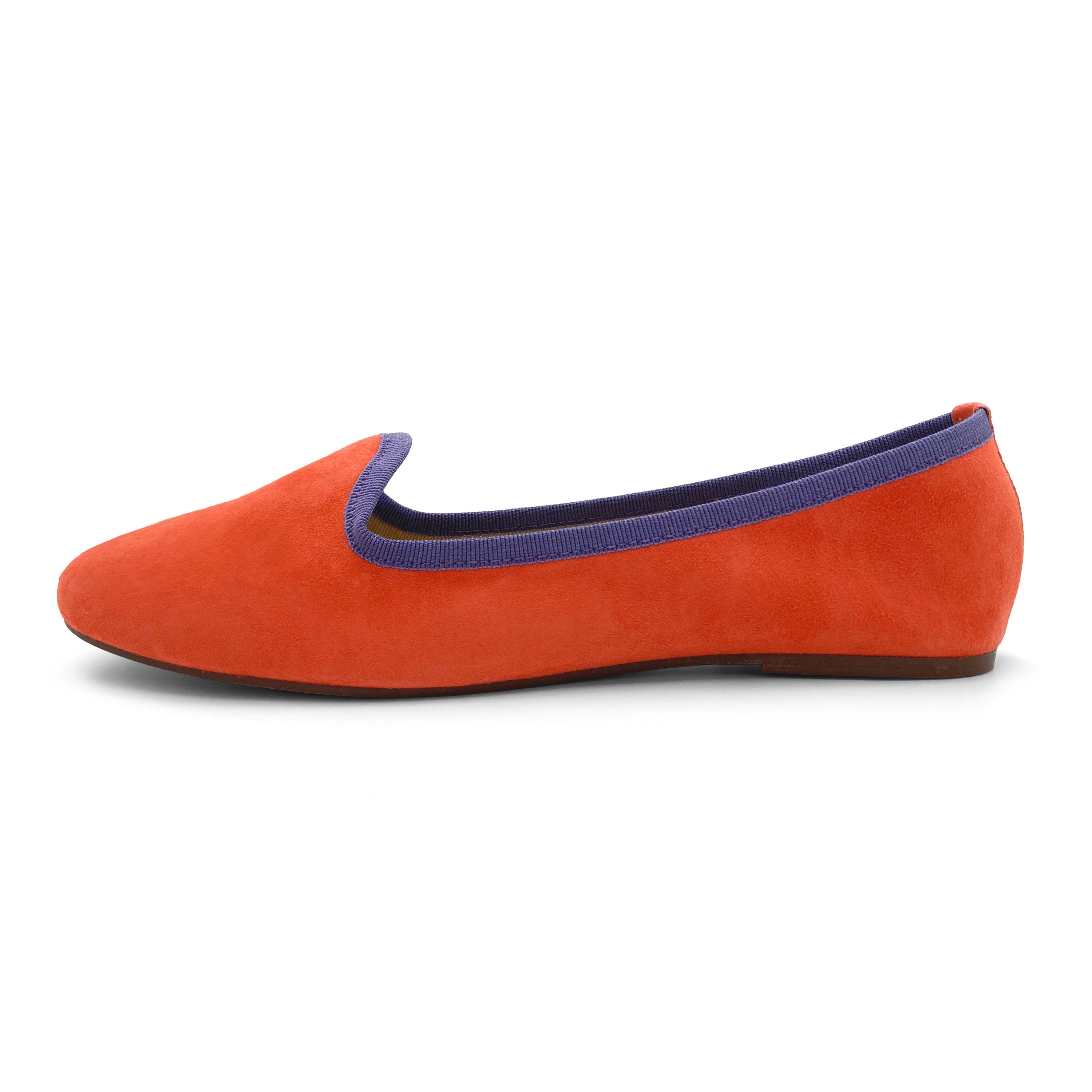 Women's orange suede loafers with purple details