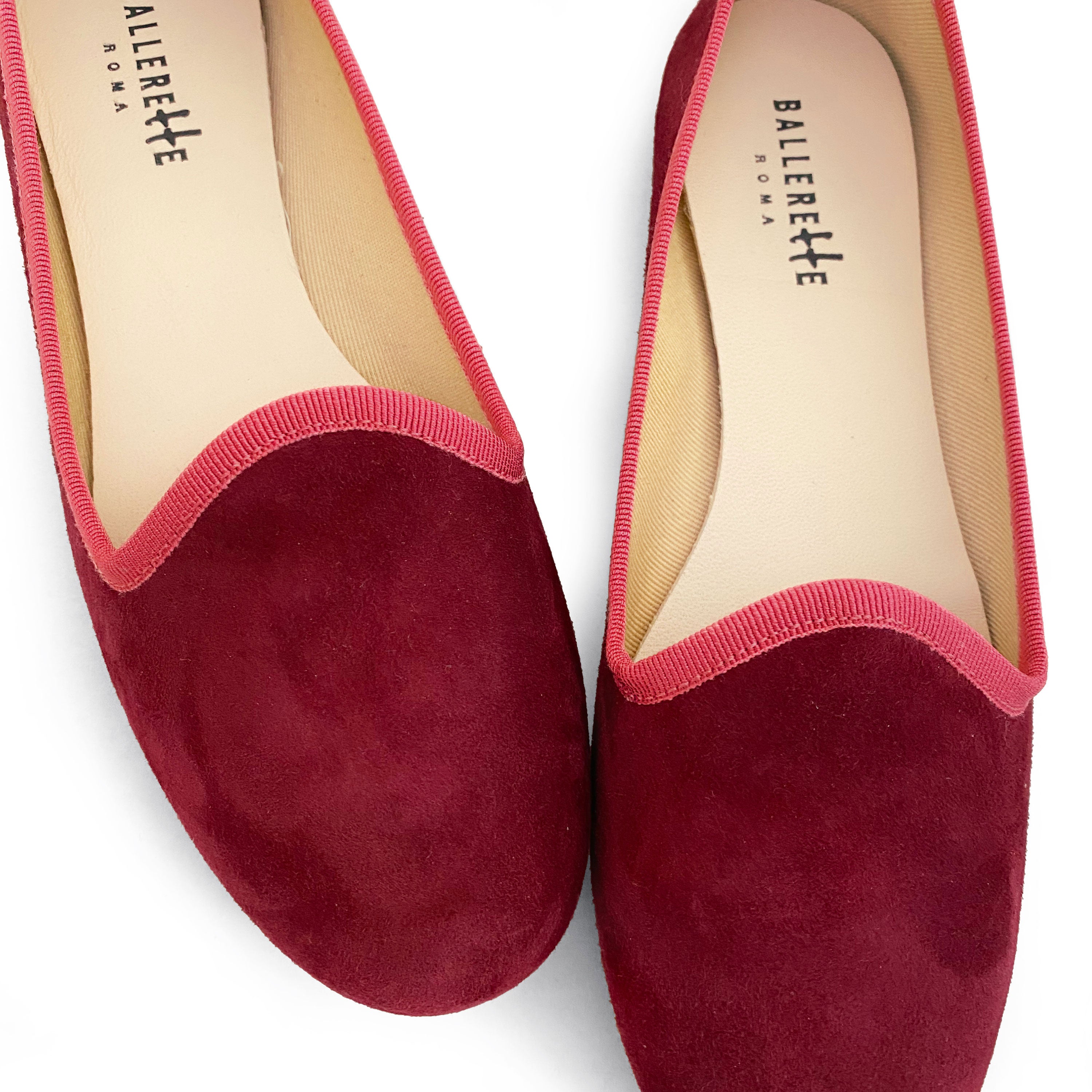 Slippers donna in camoscio bordeaux e gros grain fragola