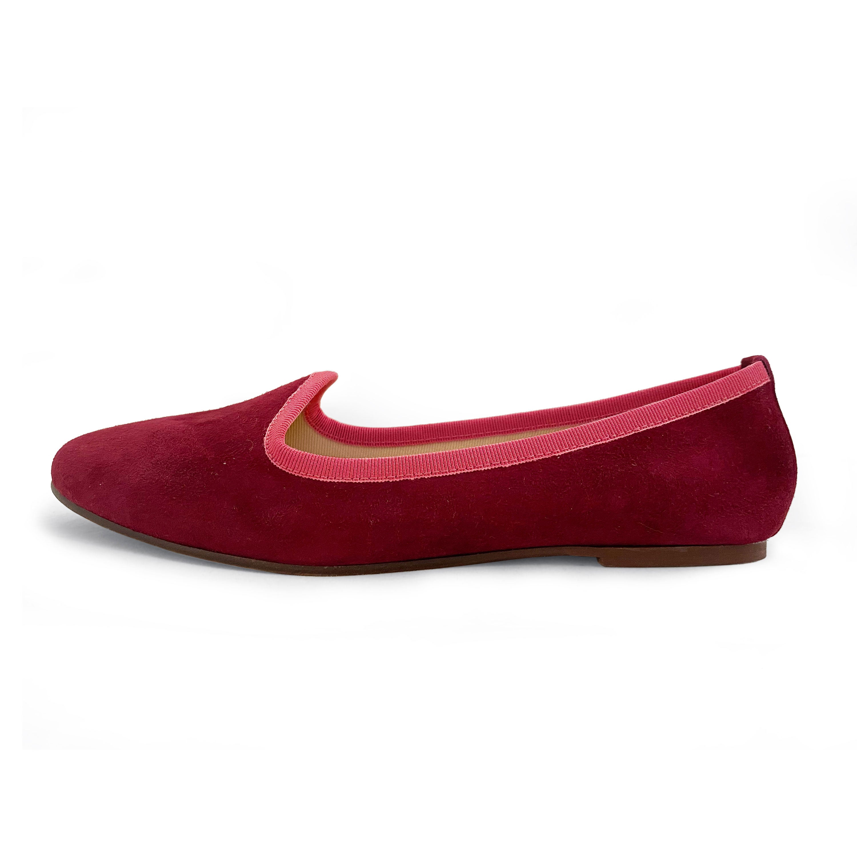 Slippers donna in camoscio bordeaux e gros grain fragola