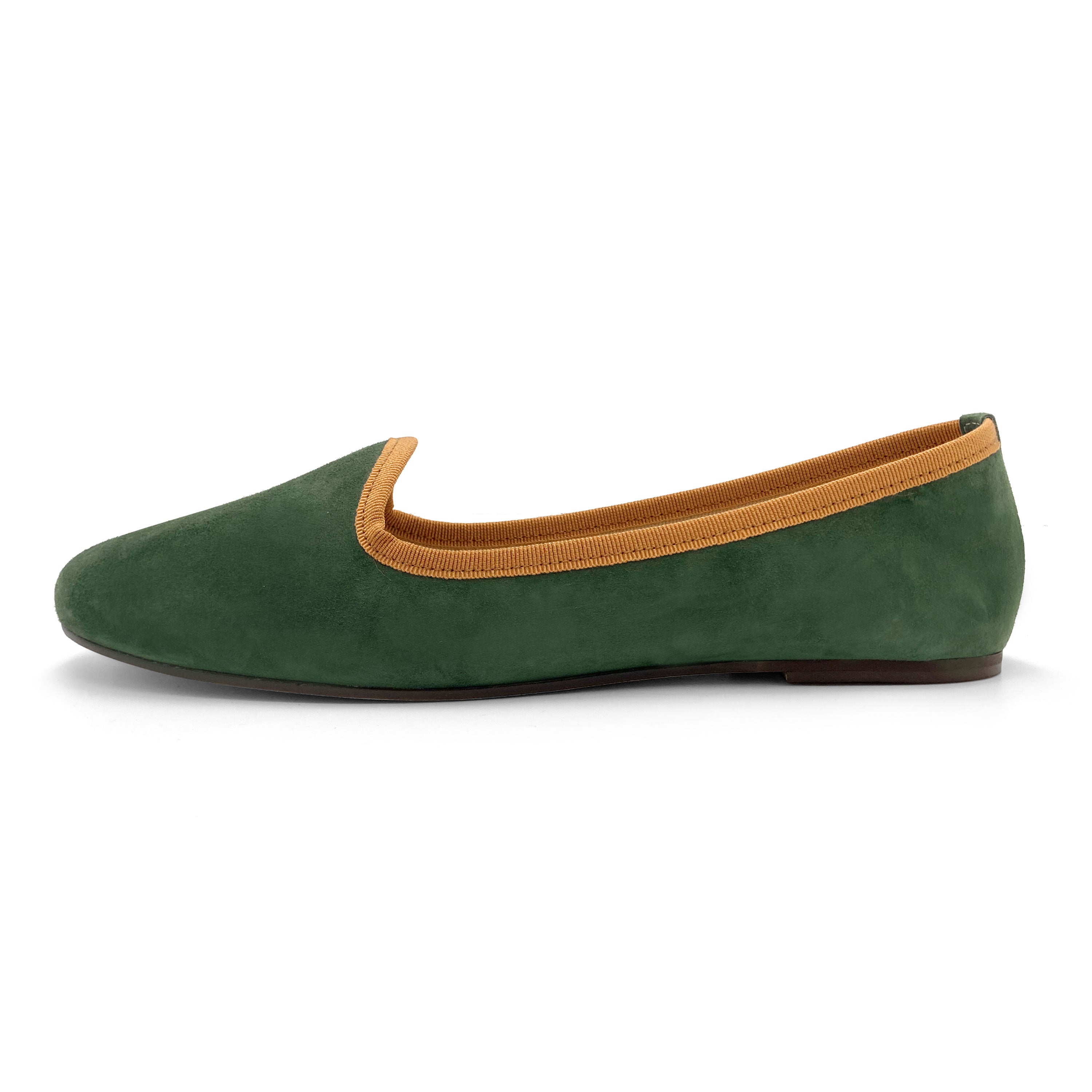 Women loafers in forest green suede with amber yellow details
