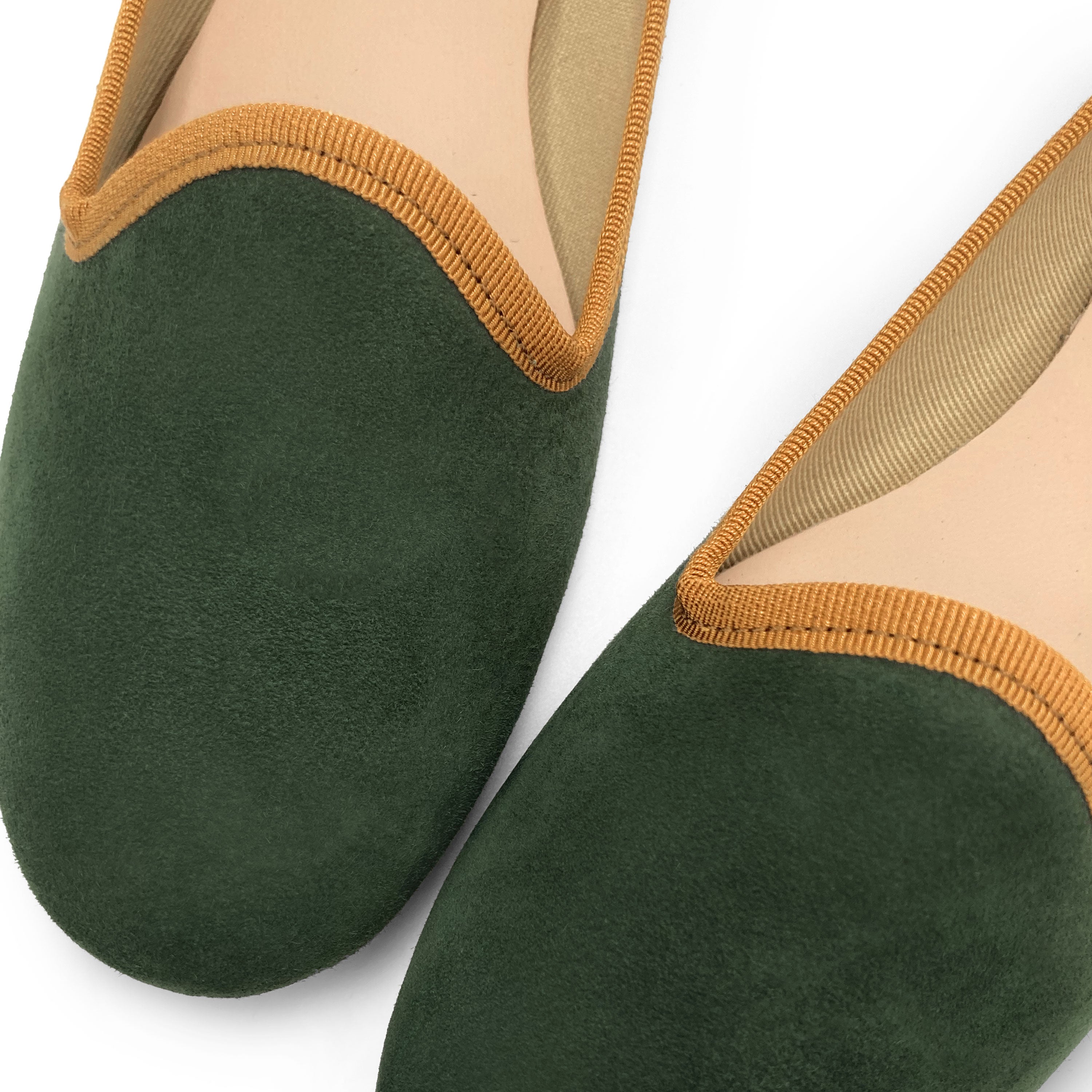 Women loafers in forest green suede with amber yellow details