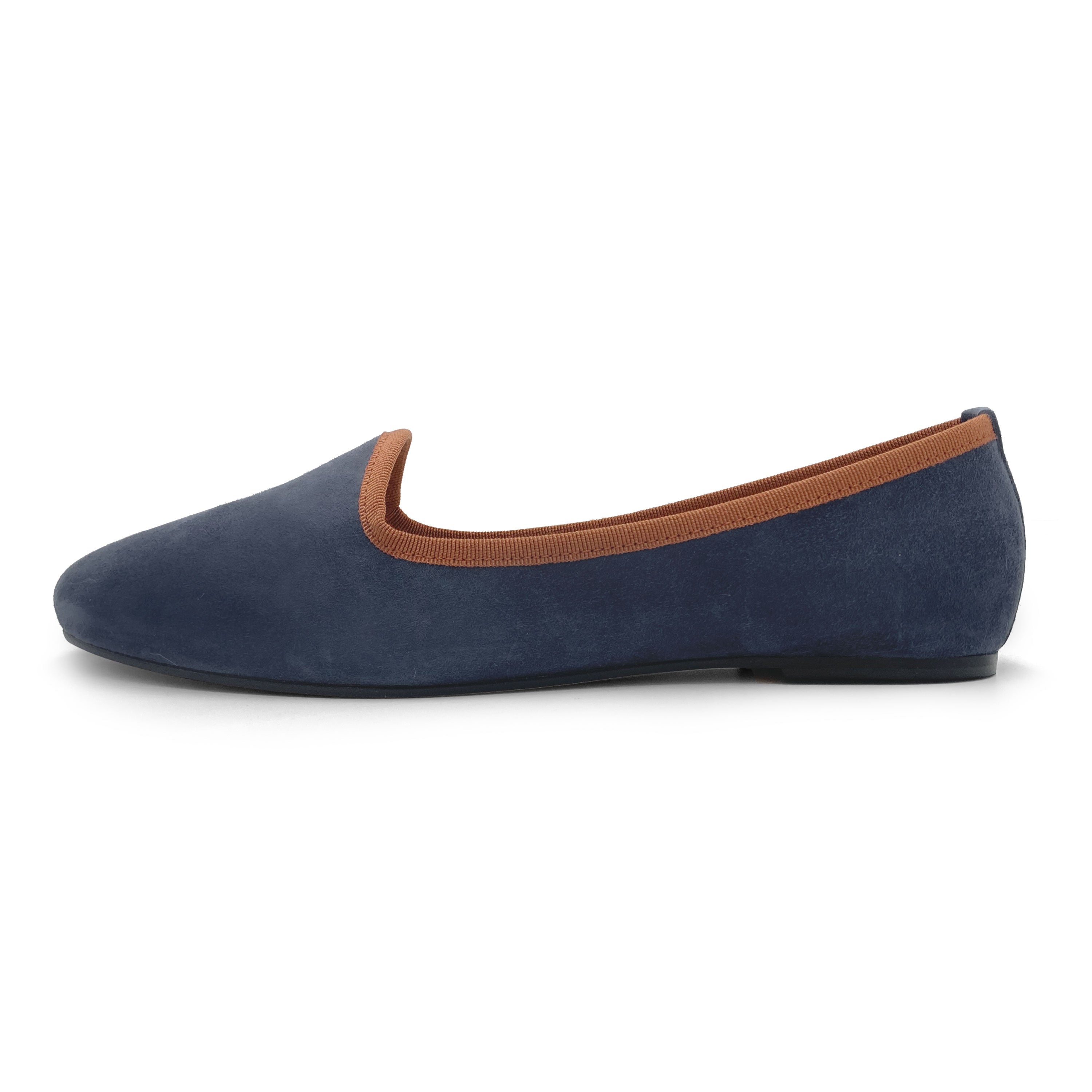 Women loafers in petrol blue suede with terracotta details