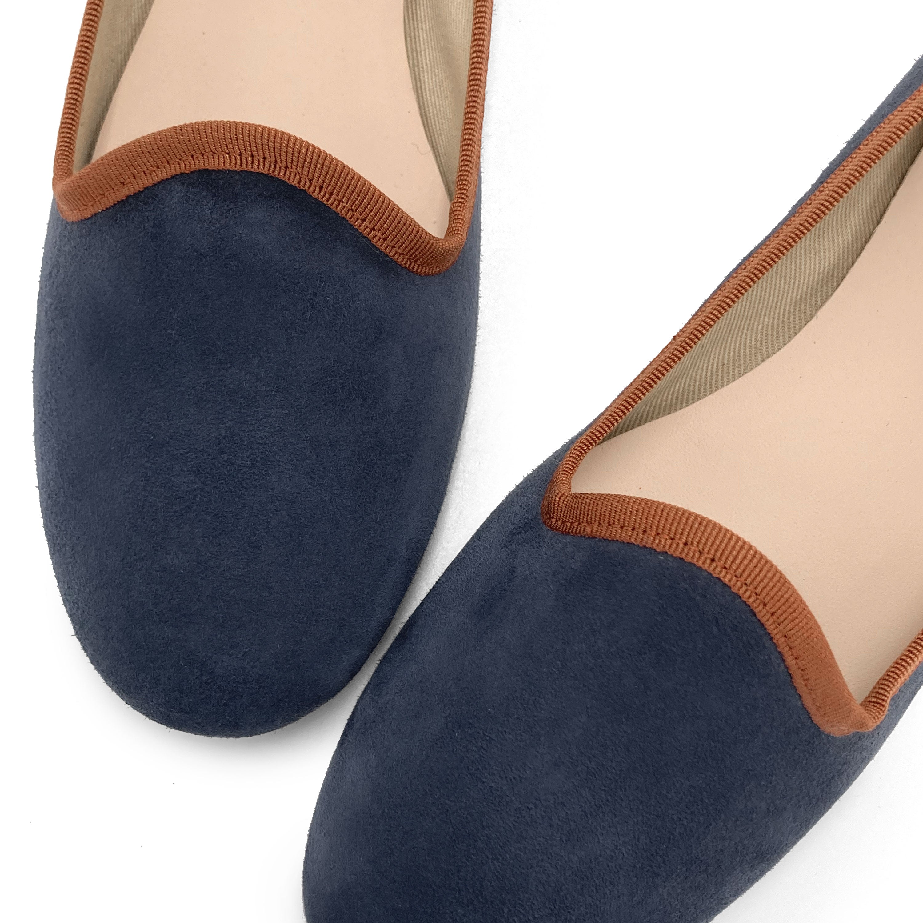 Women loafers in petrol blue suede with terracotta details