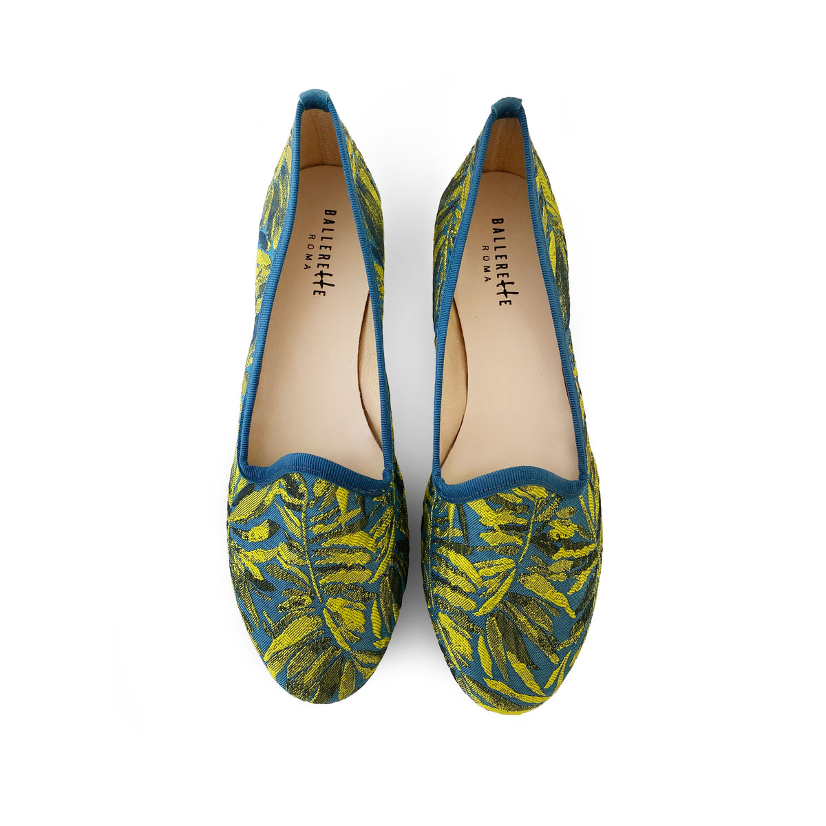 Slippers blu petrolio e giallo in tessuto jacquard tropicale