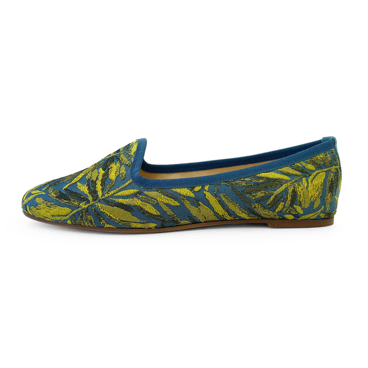 Slippers blu petrolio e giallo in tessuto jacquard tropicale