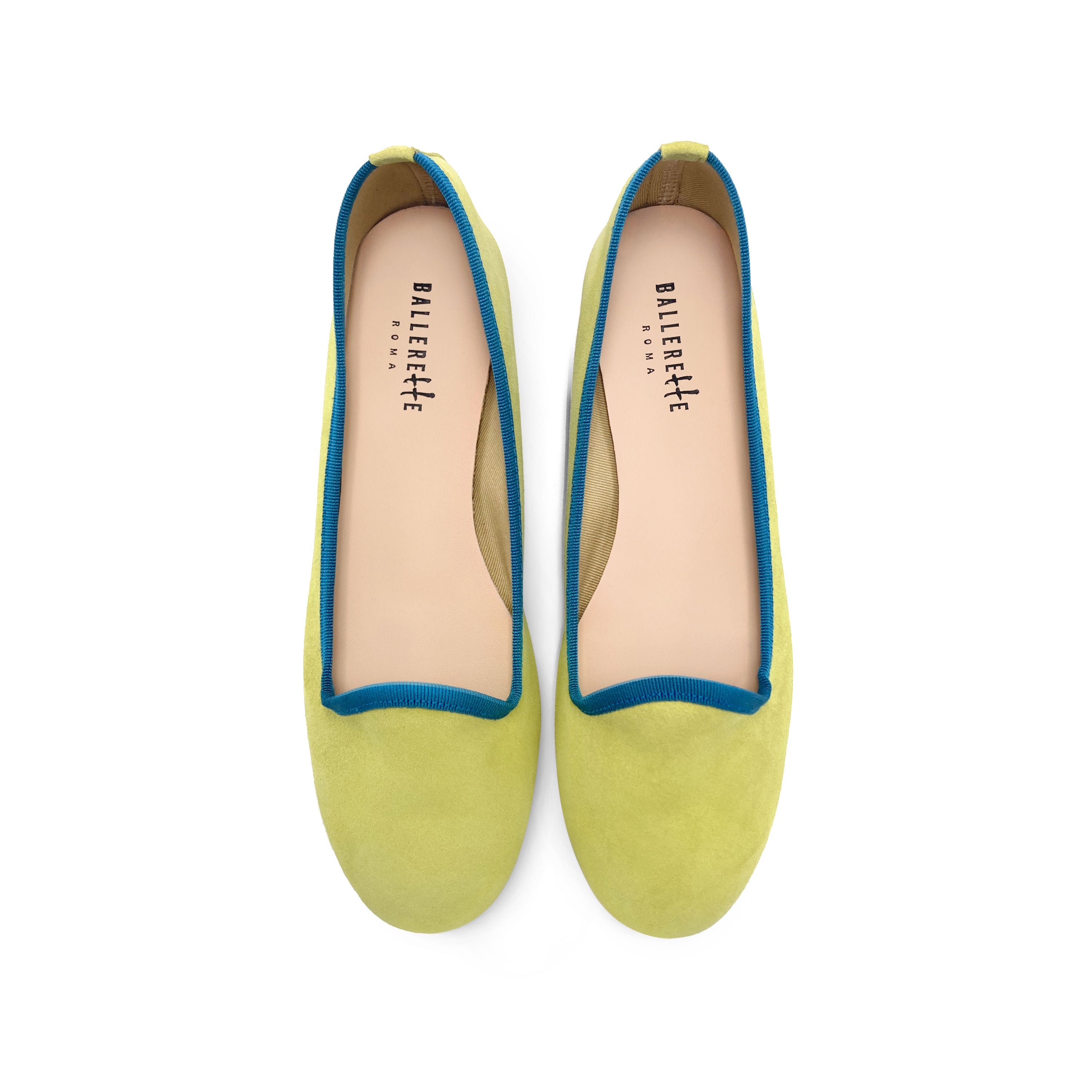 Women's lime green suede loafers with petrol blue details