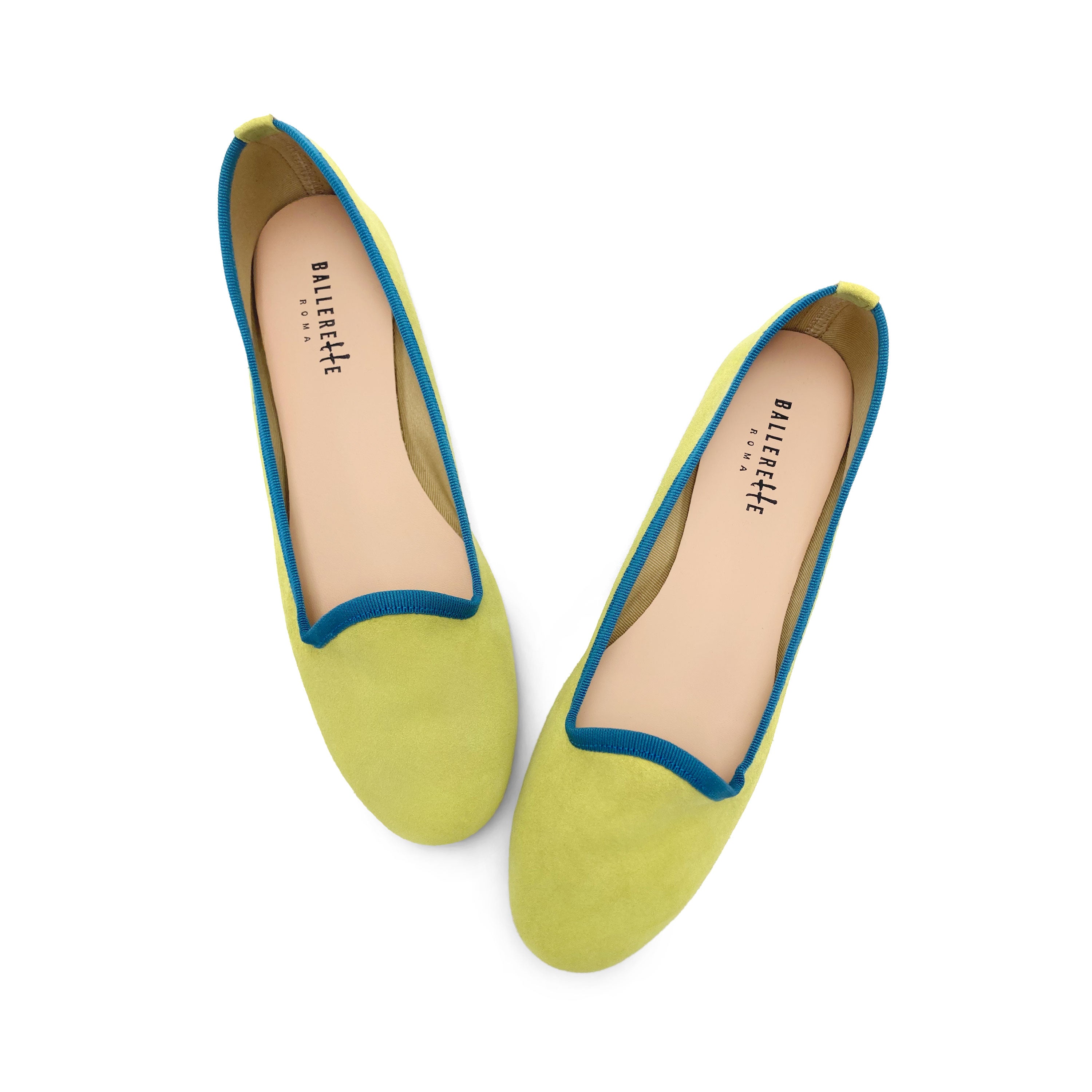 Women's lime green suede loafers with petrol blue details