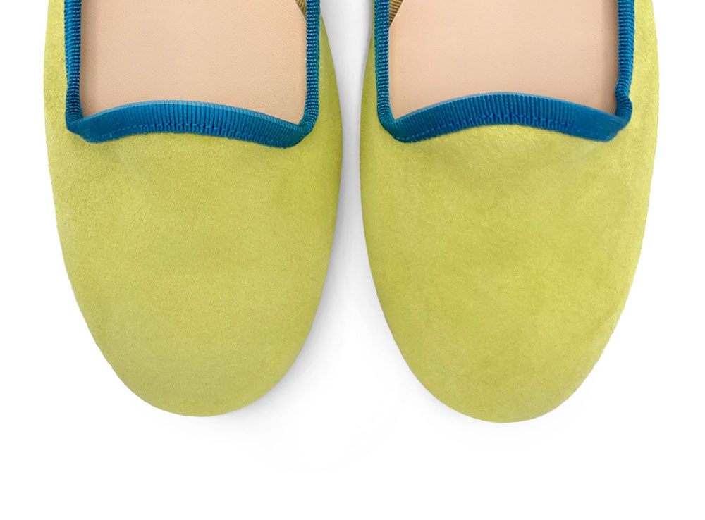 Women's lime green suede loafers with petrol blue details