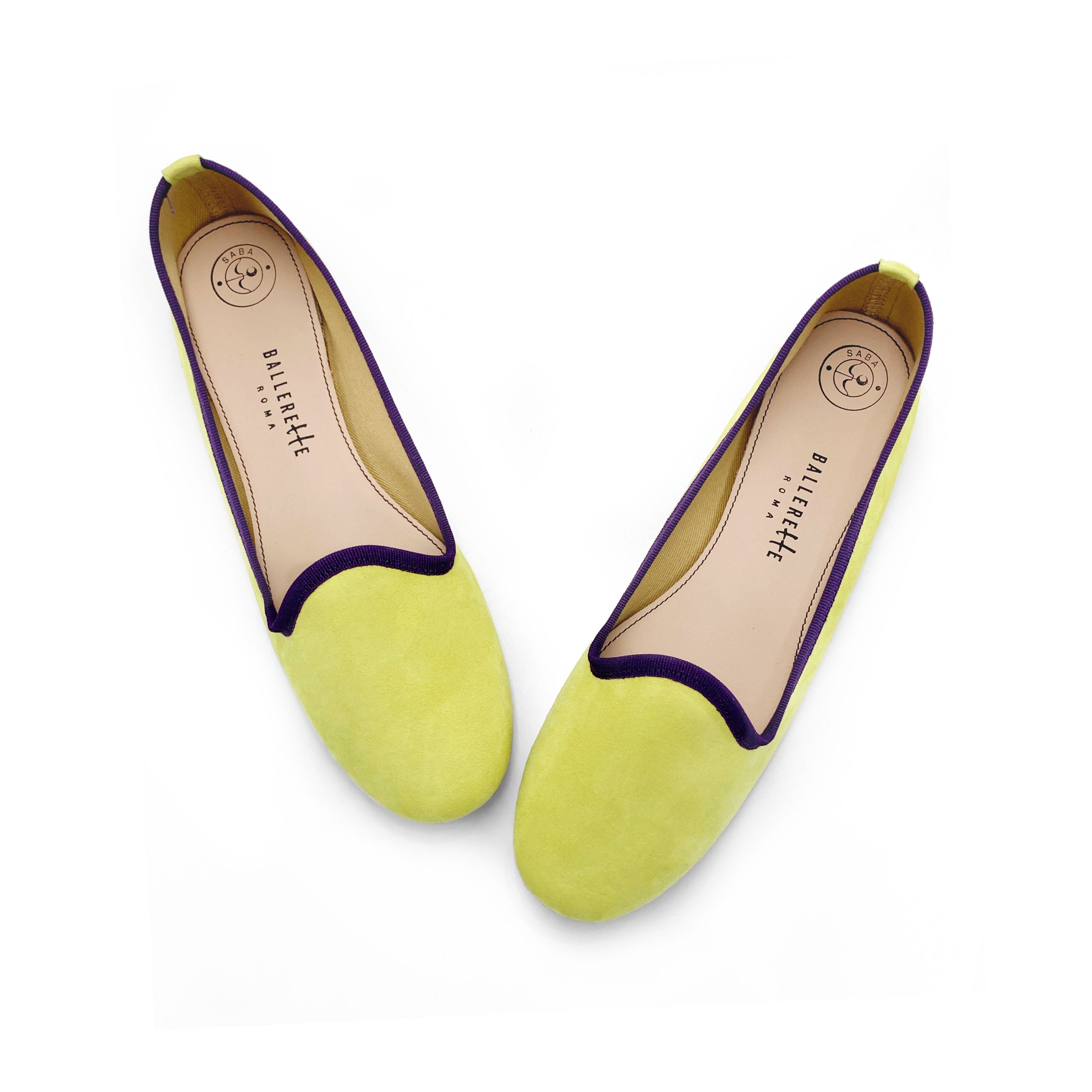 Slippers donna in camoscio lime e dettagli viola
