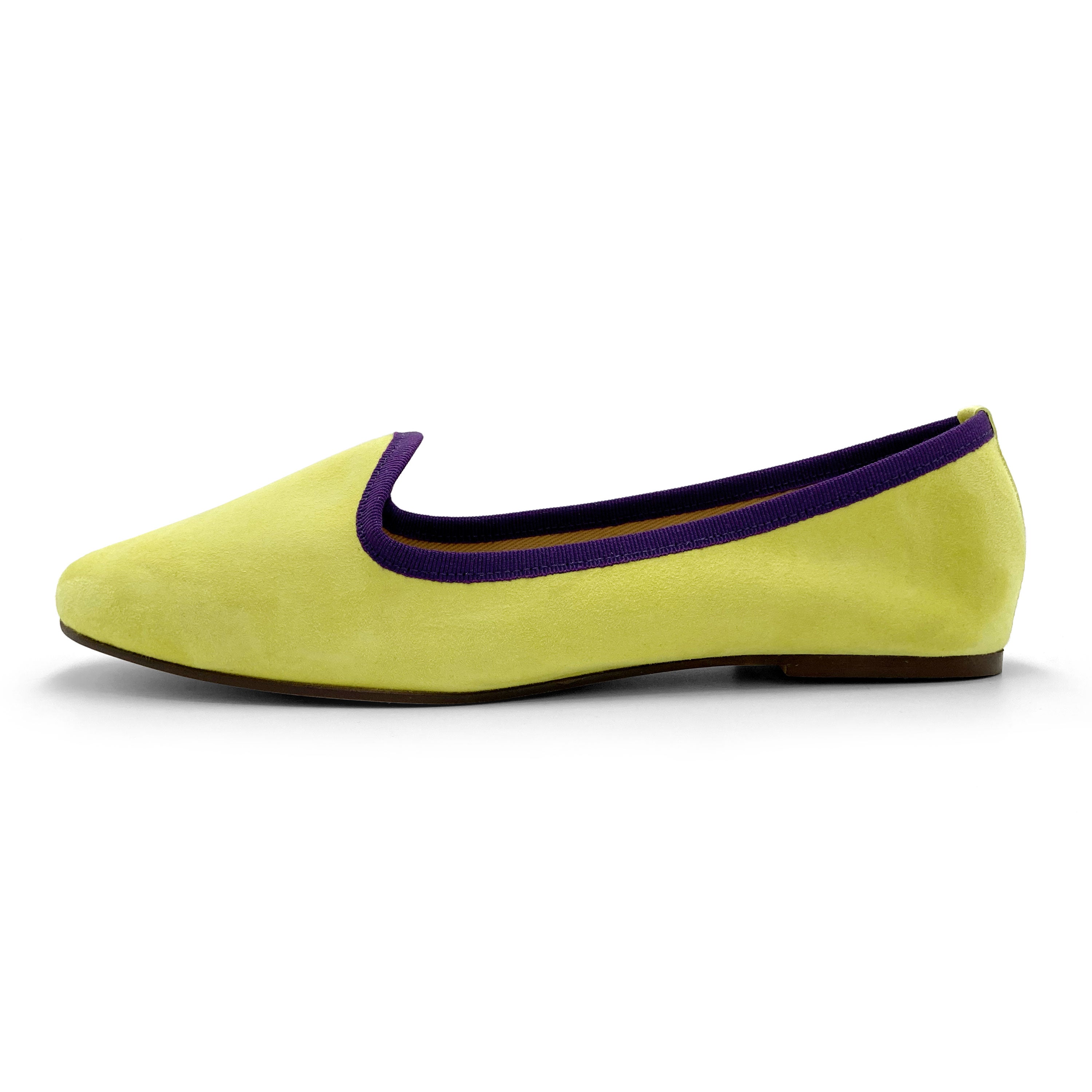 Slippers donna in camoscio lime e dettagli viola