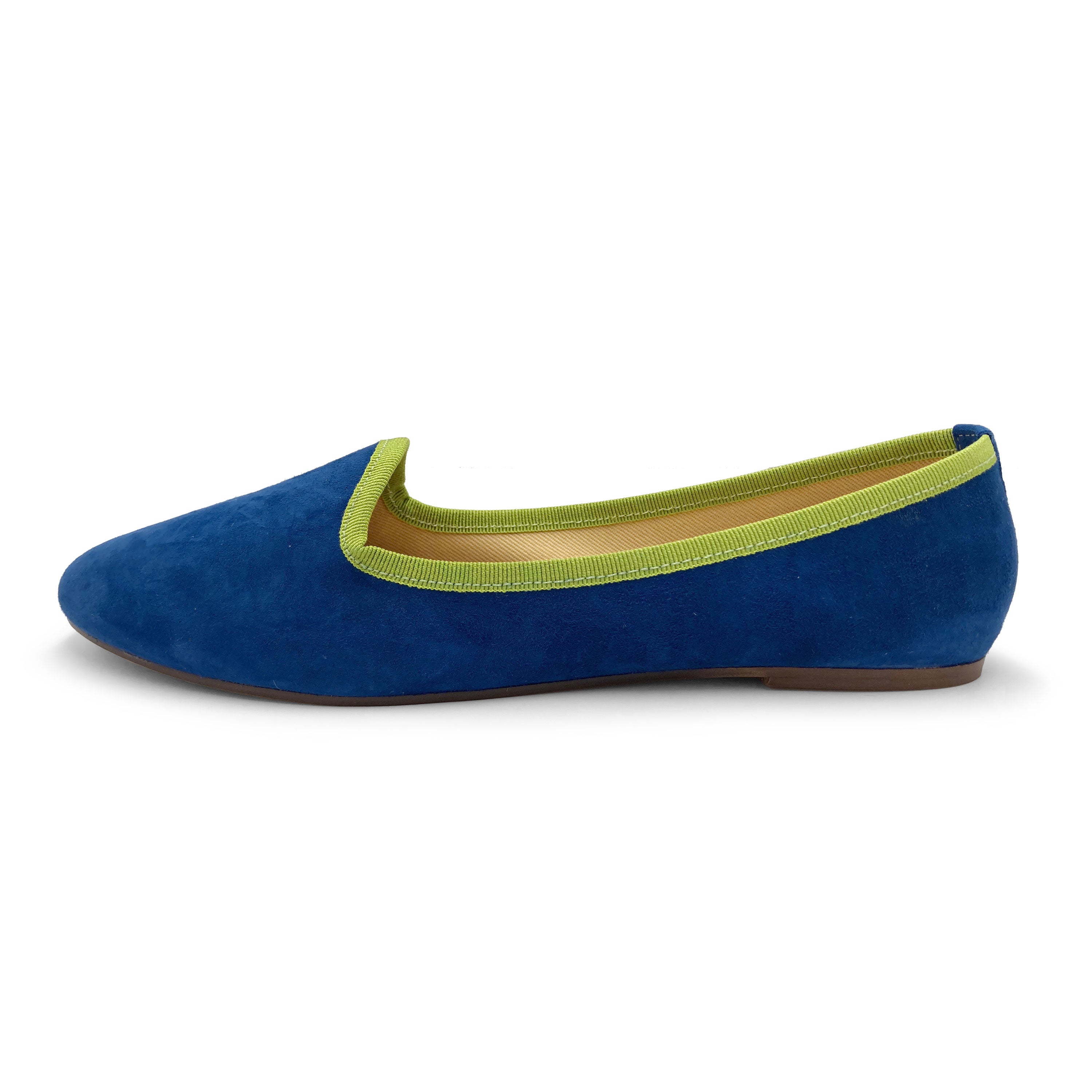 Slippers donna in camoscio blu e dettagli verdi