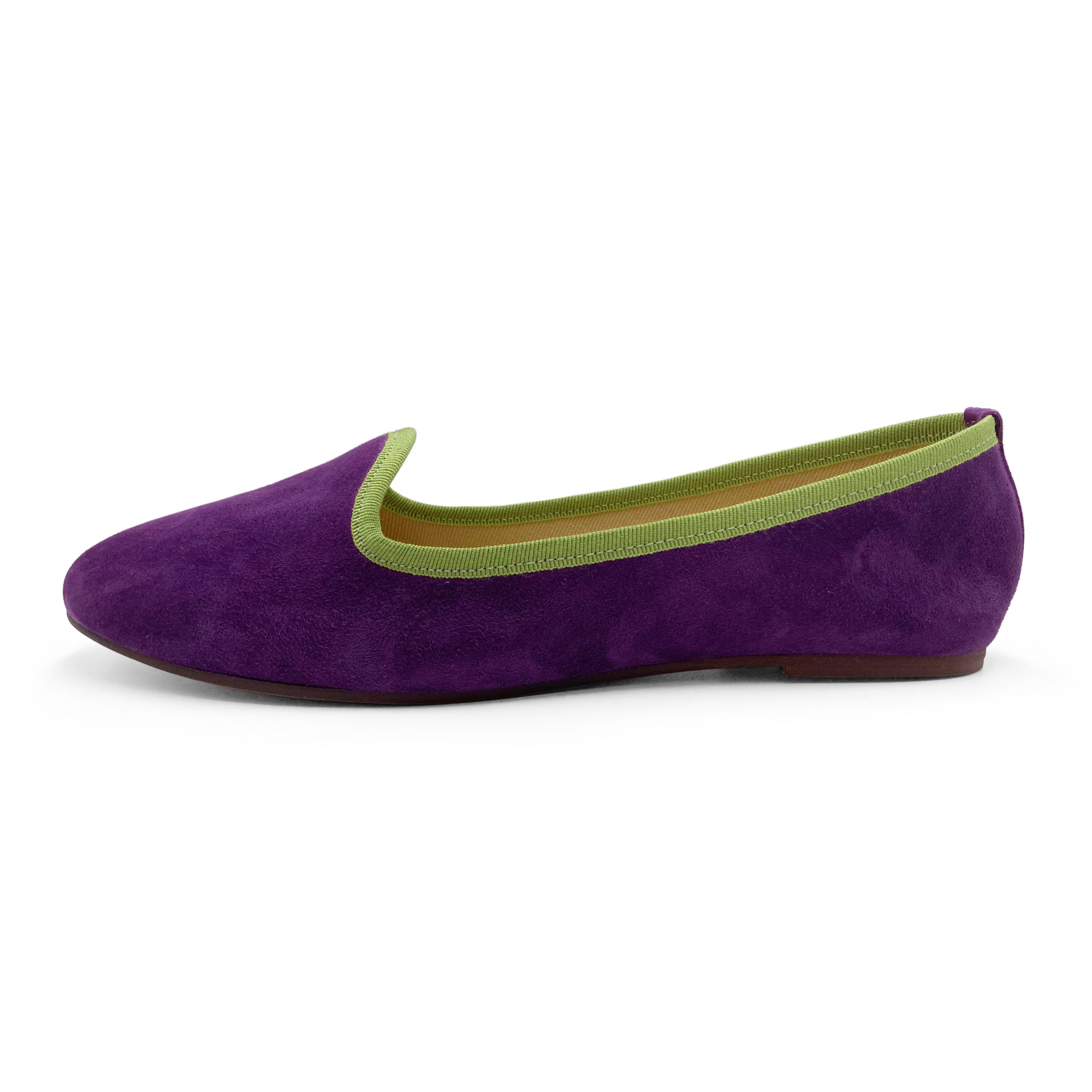 Slippers donna in camoscio viola e dettagli verdi