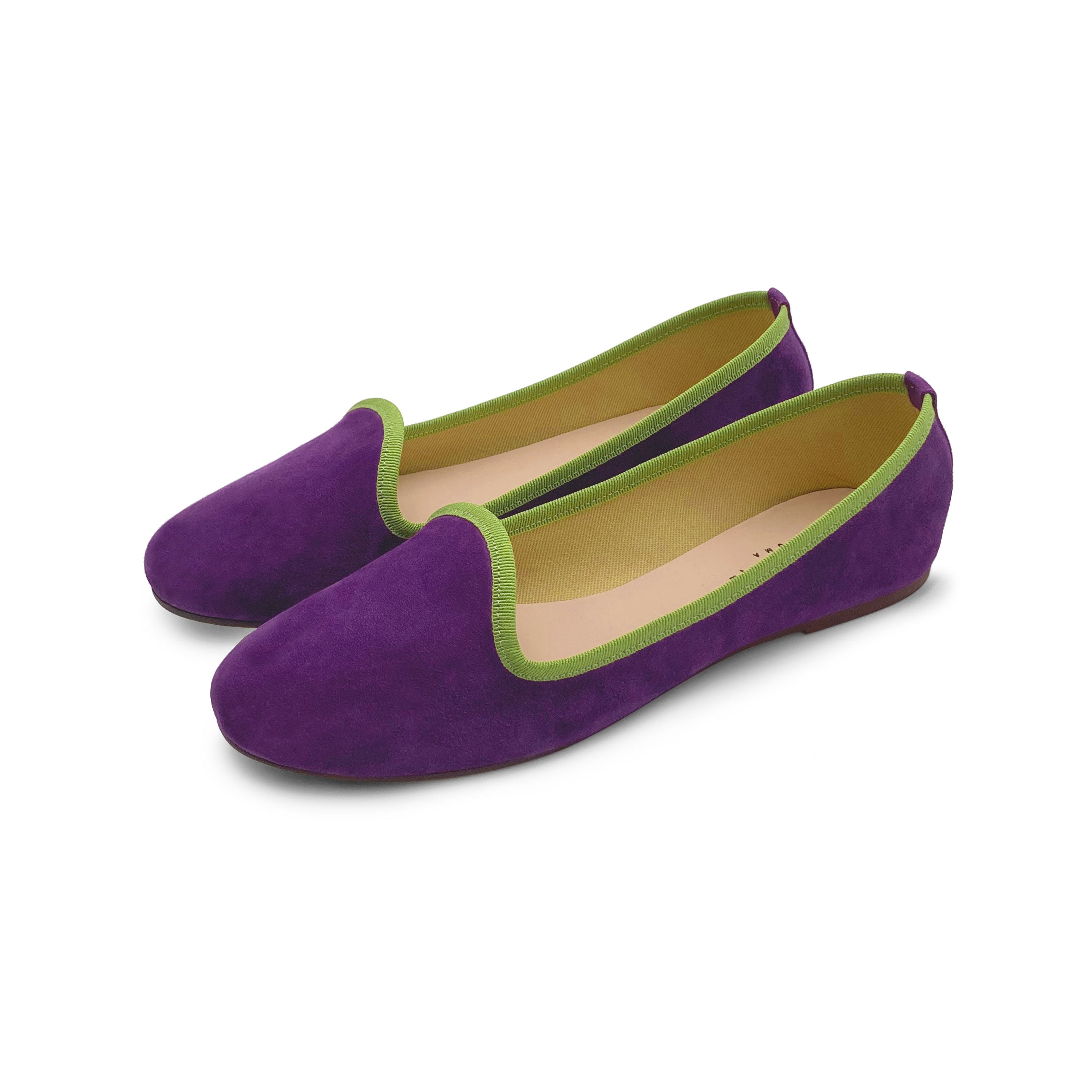 Slippers donna in camoscio viola e dettagli verdi
