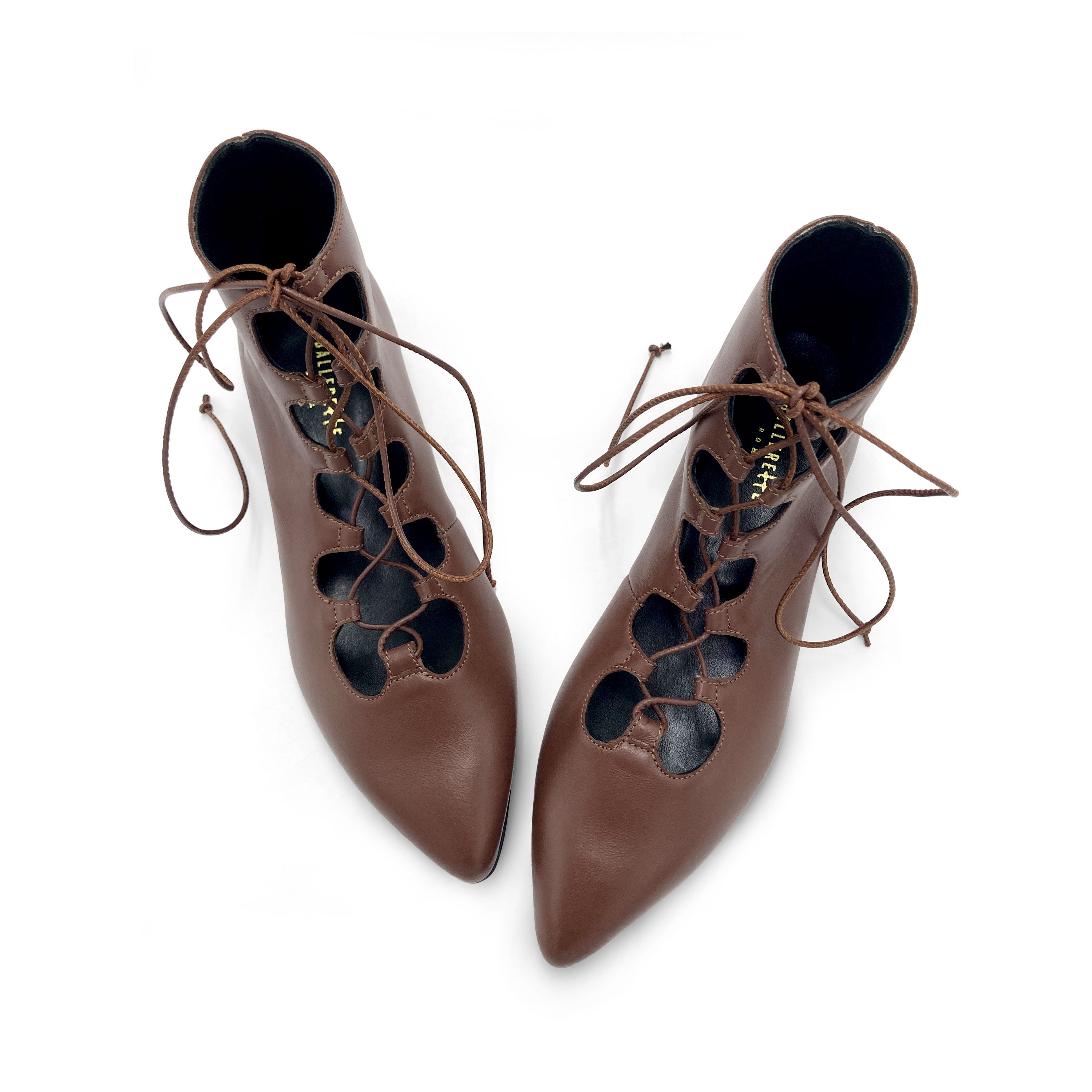 Brown pointed ankle boots with laces