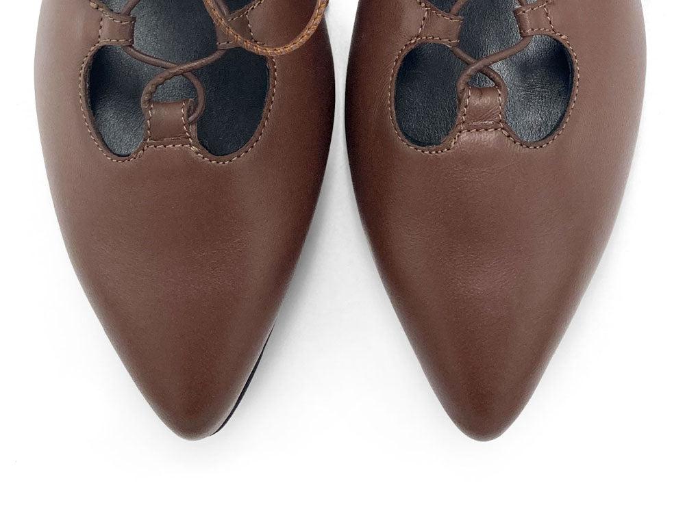 Brown pointed ankle boots with laces