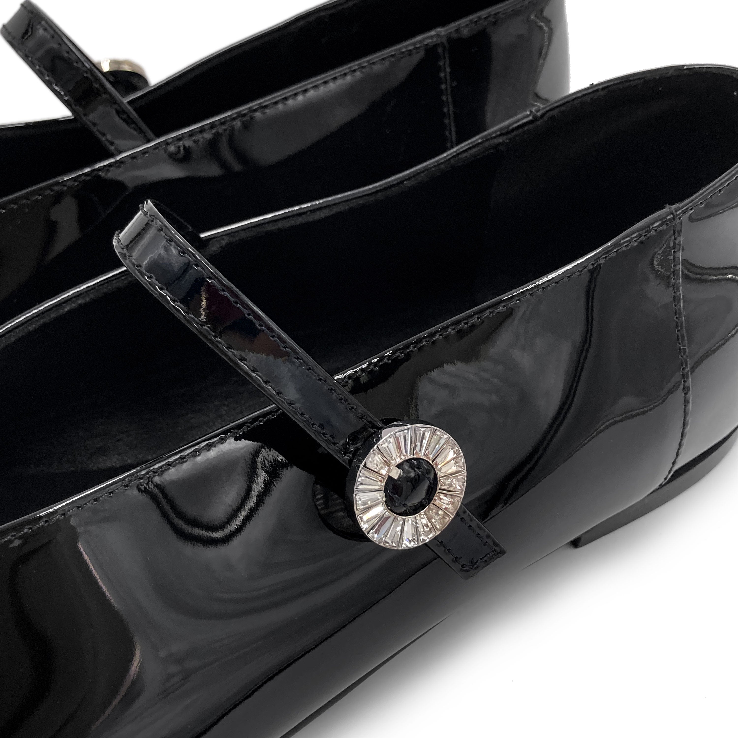 Black patent leather Mary Jane ballet flats with V-cut and jewelled strap