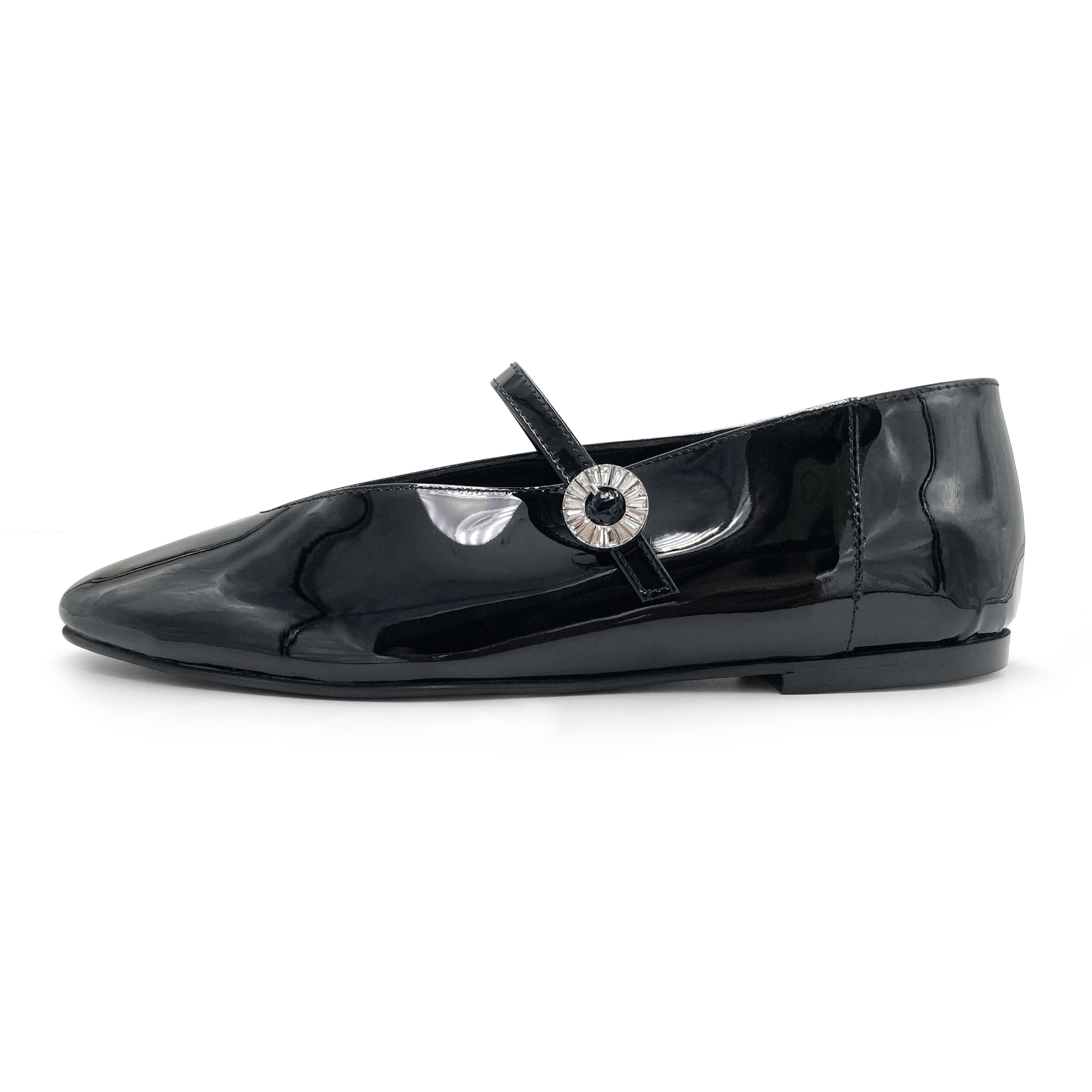 Black patent leather Mary Jane ballet flats with V-cut and jewelled strap