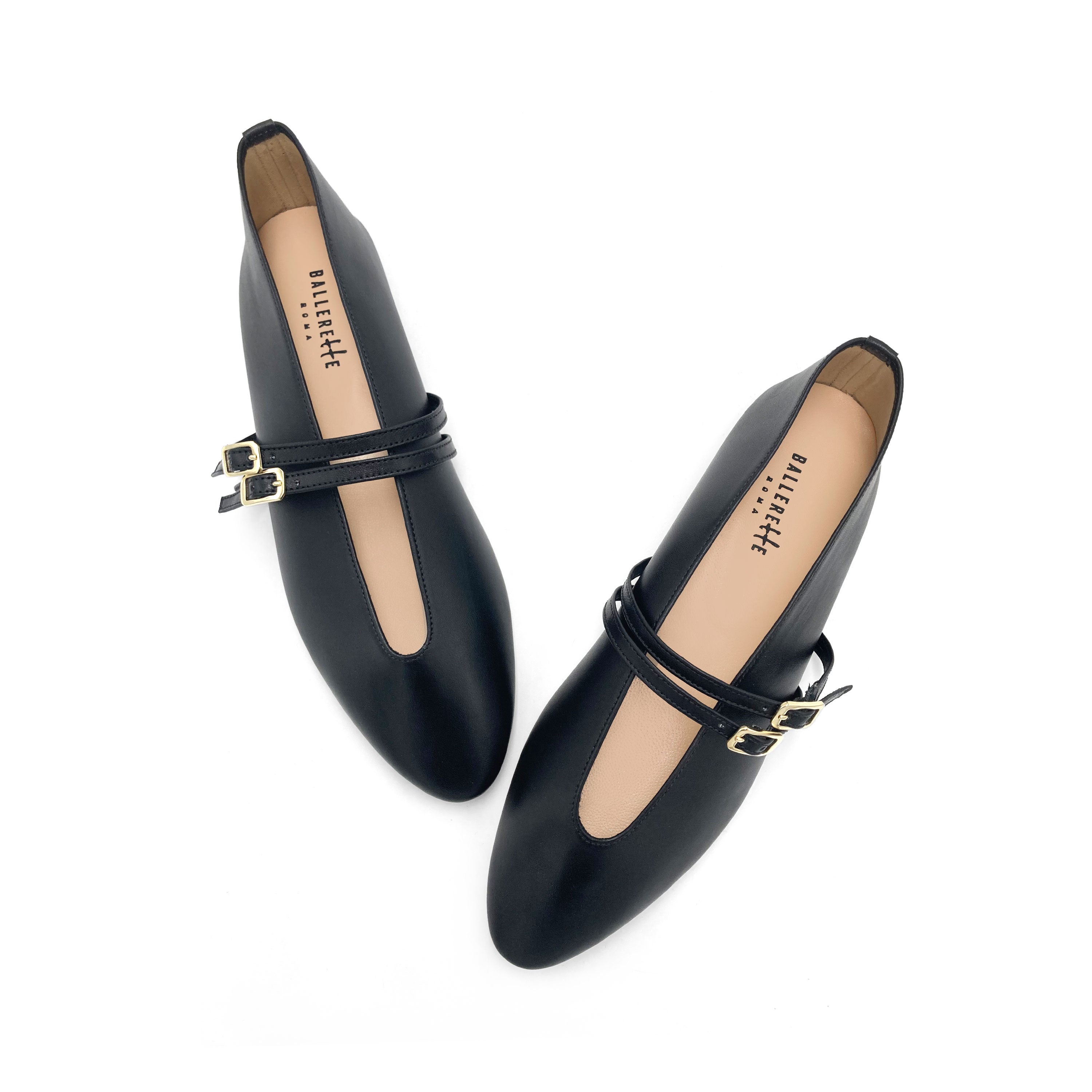 Ballerines noires en cuir avec col V et brides