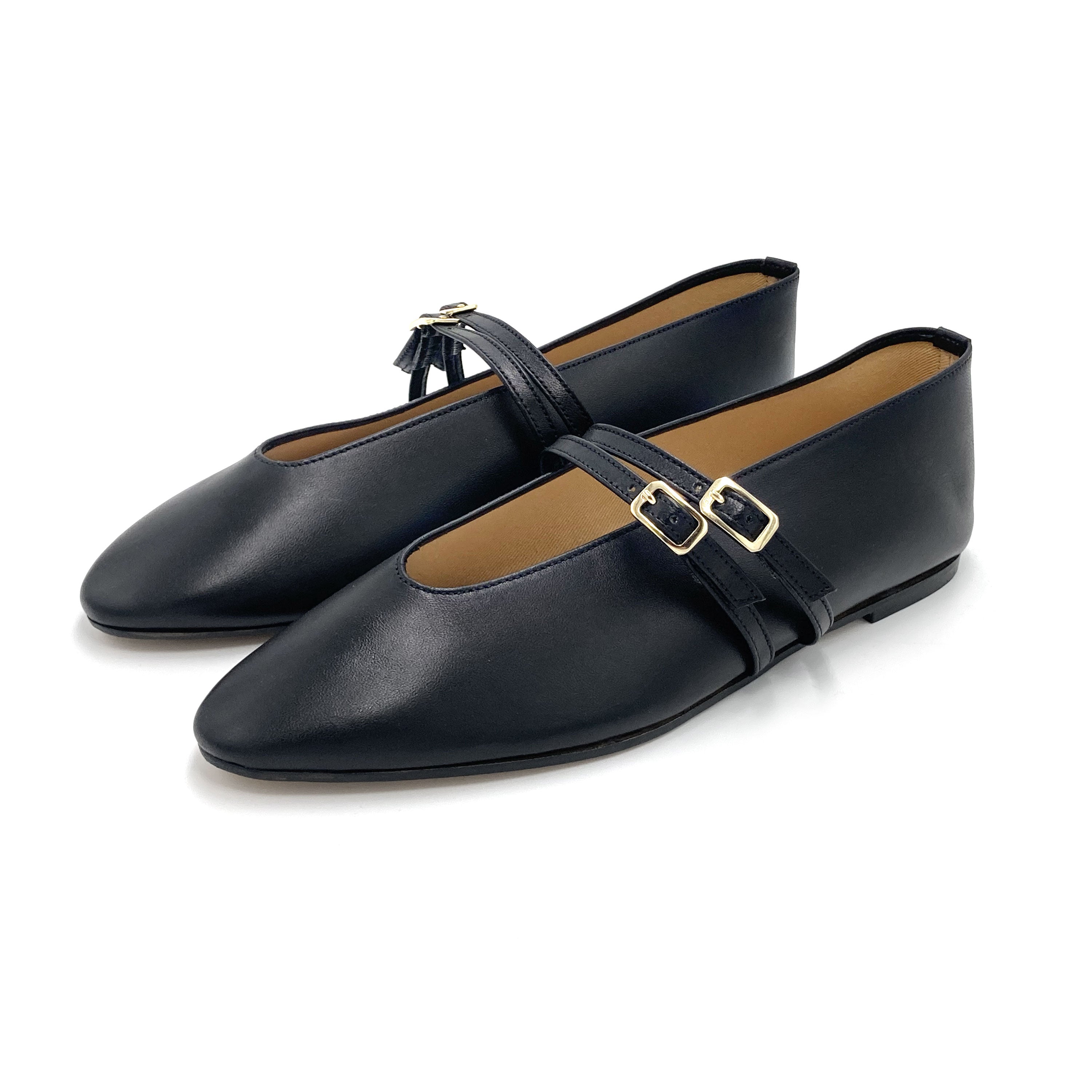 Ballerines noires en cuir avec col V et brides