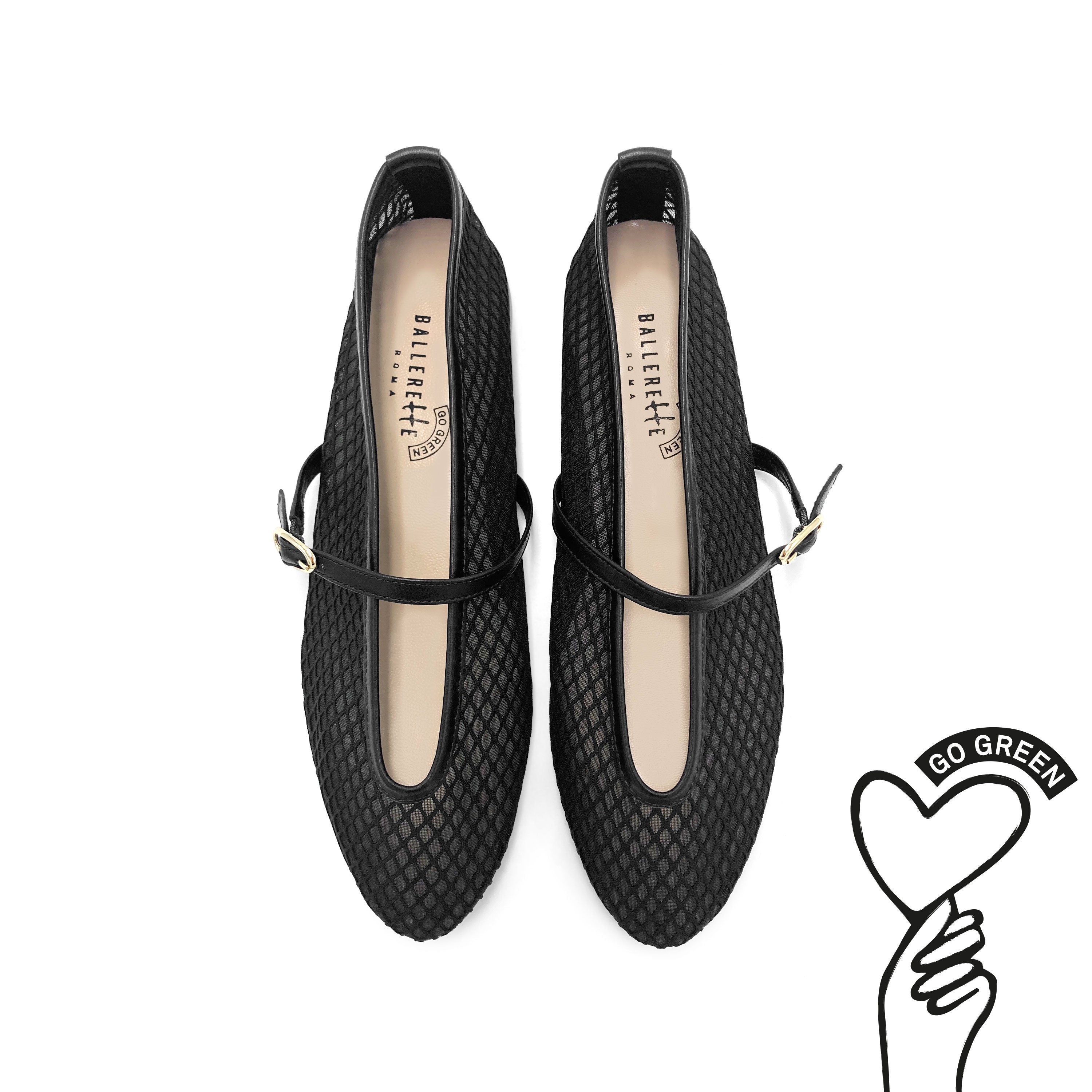 TT GO GREEN Collection - Black Transparent Mesh Ballet Flats in ECO Recycled Fabric with Strap