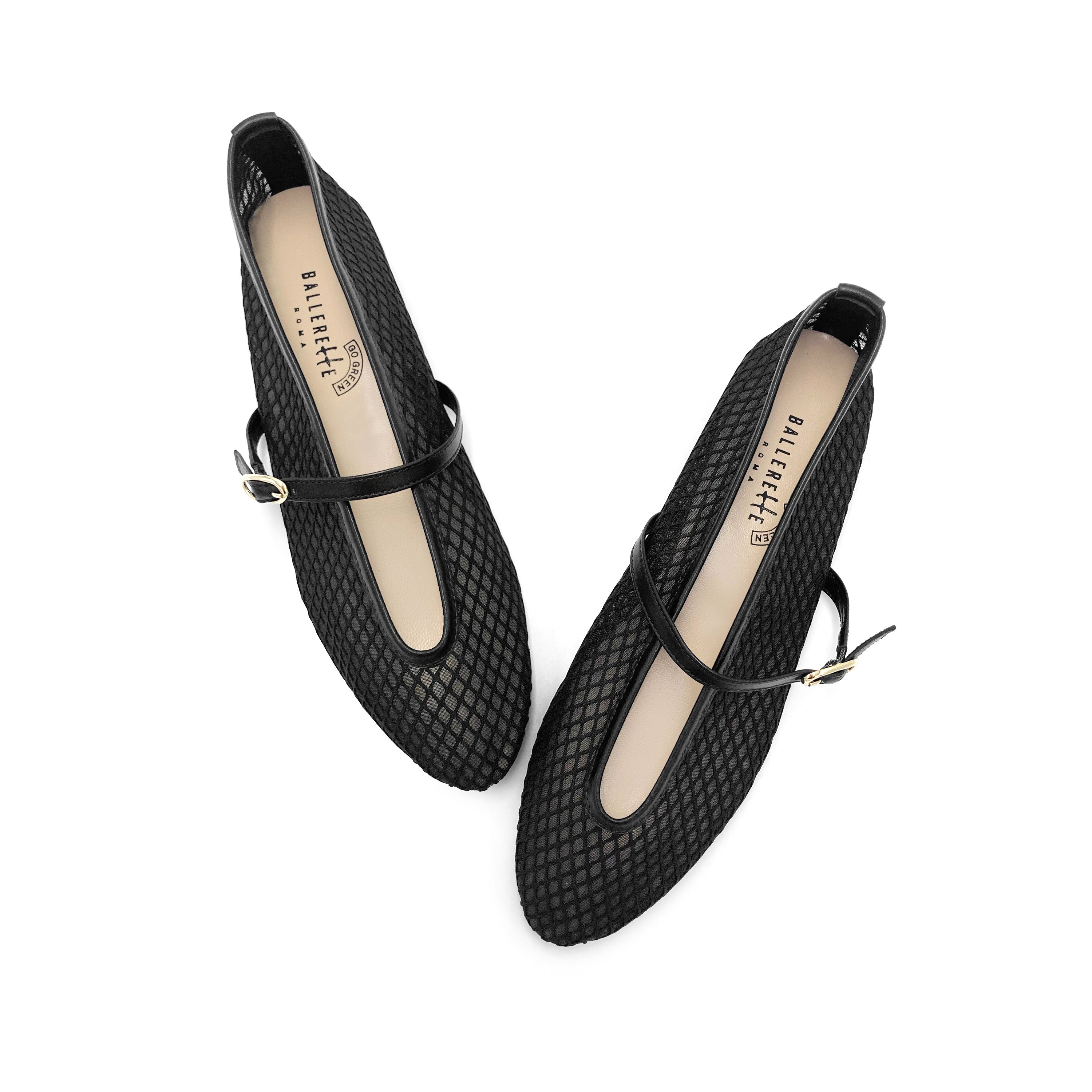 TT GO GREEN Collection - Black Transparent Mesh Ballet Flats in ECO Recycled Fabric with Strap