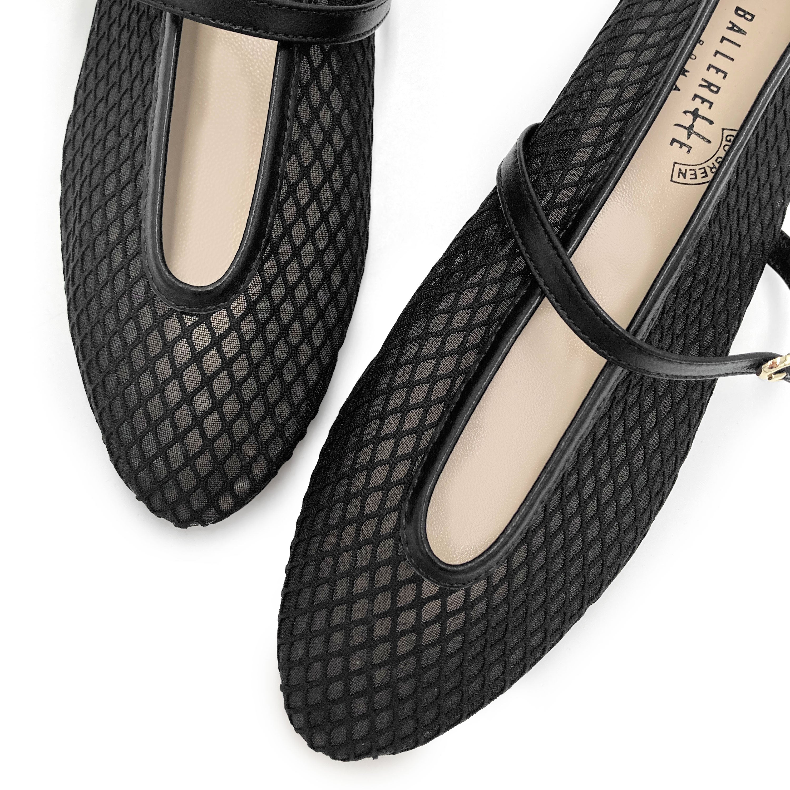 TT GO GREEN Collection - Black Transparent Mesh Ballet Flats in ECO Recycled Fabric with Strap