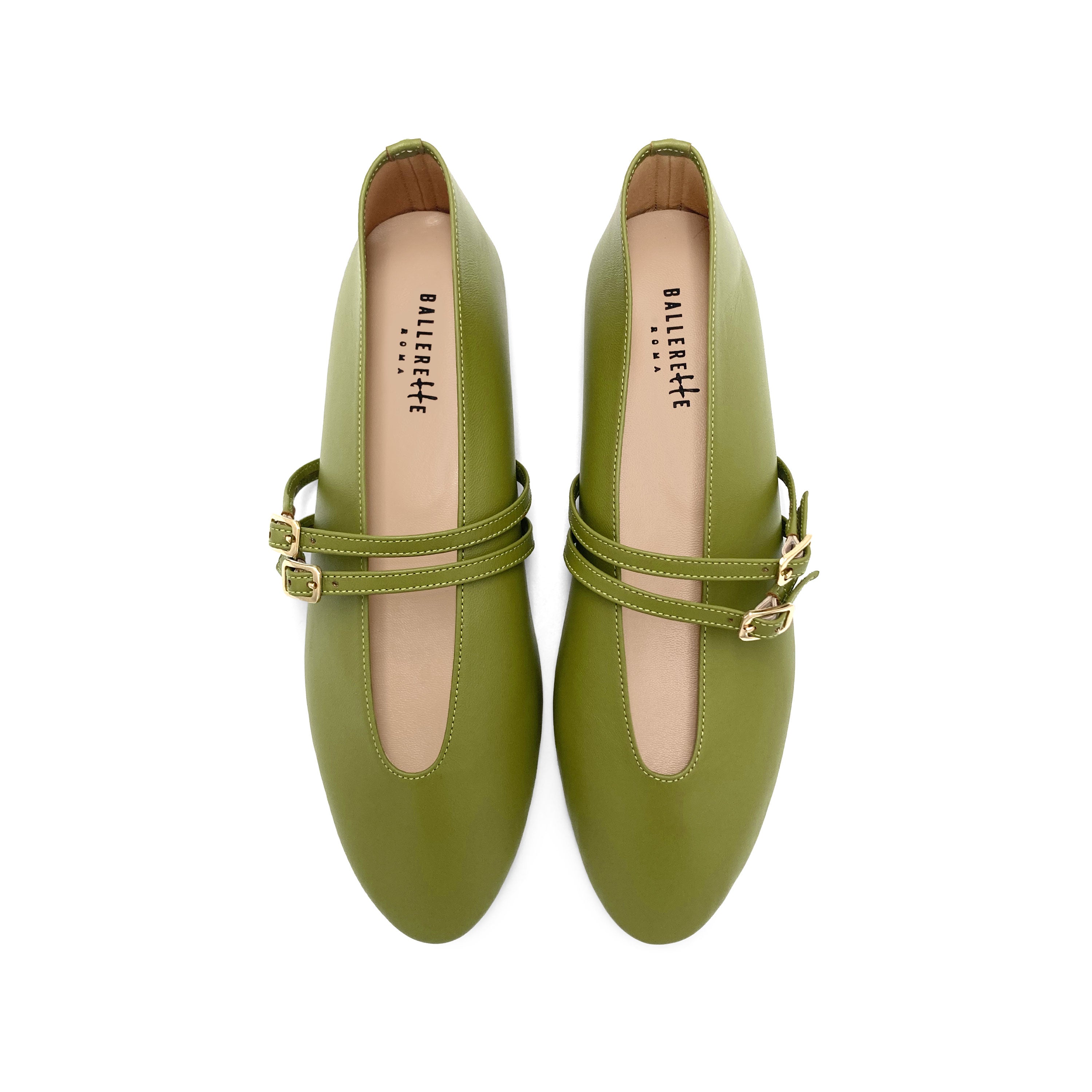 Ballerines vert olive en cuir avec col V et brides