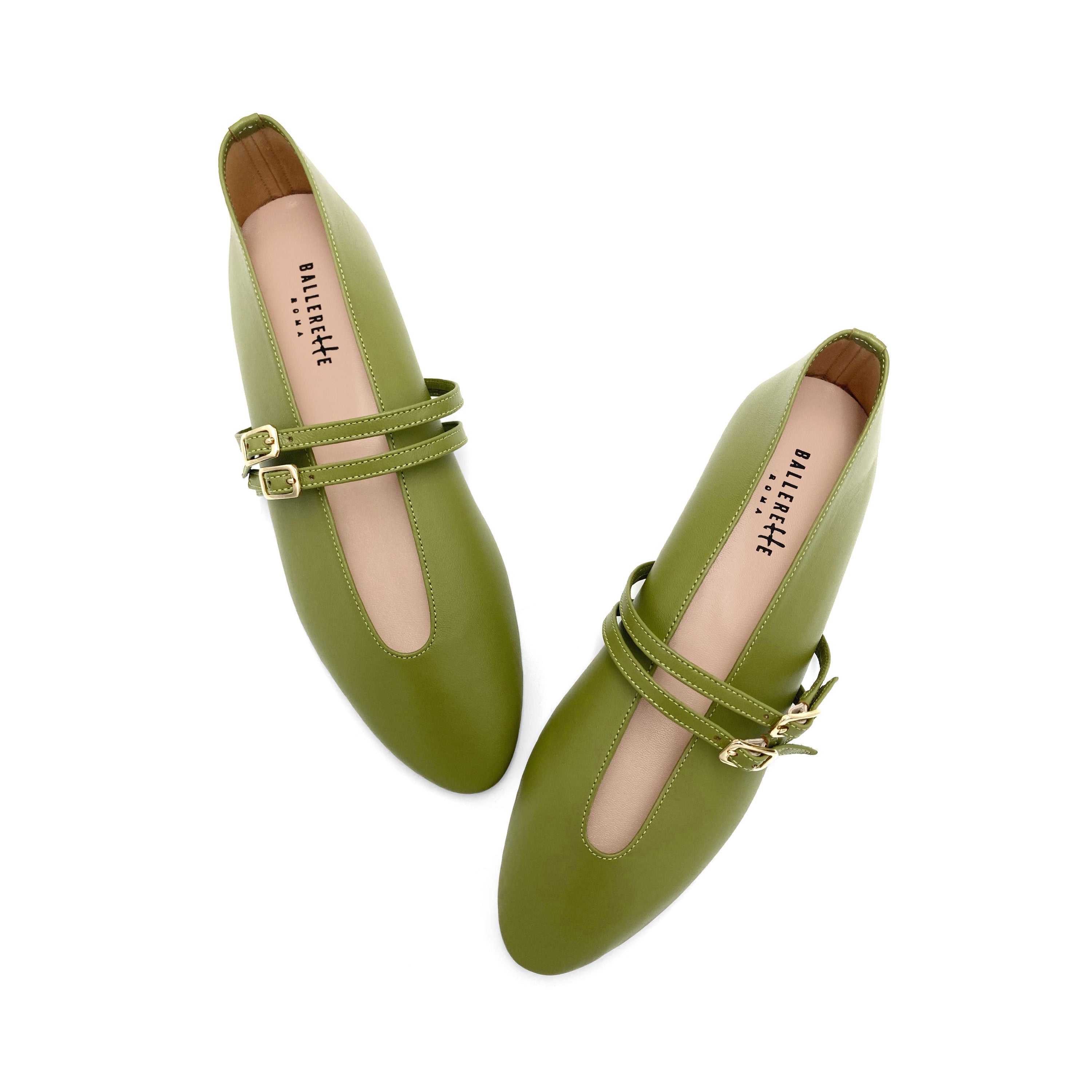 Ballerines vert olive en cuir avec col V et brides