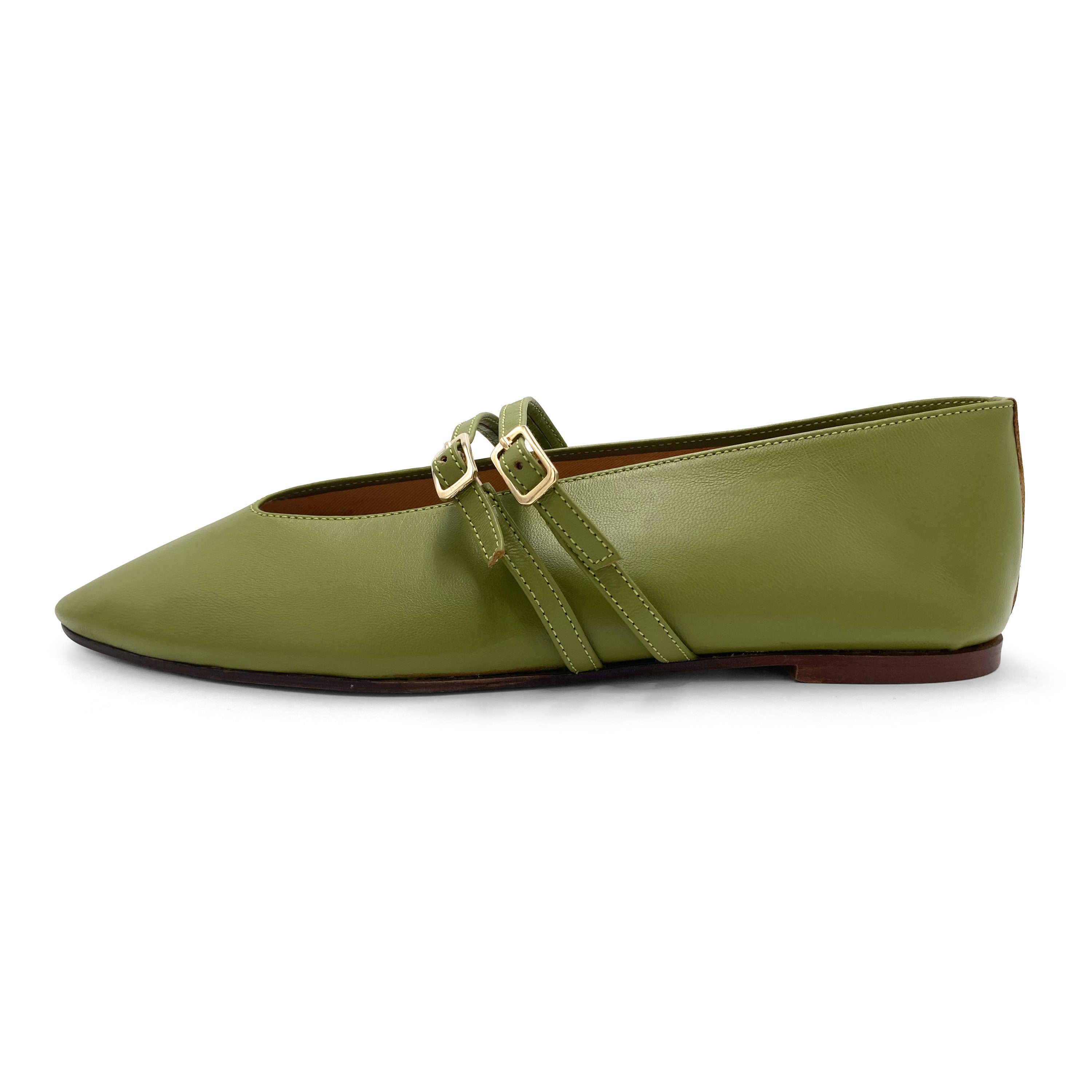 Ballerines vert olive en cuir avec col V et brides