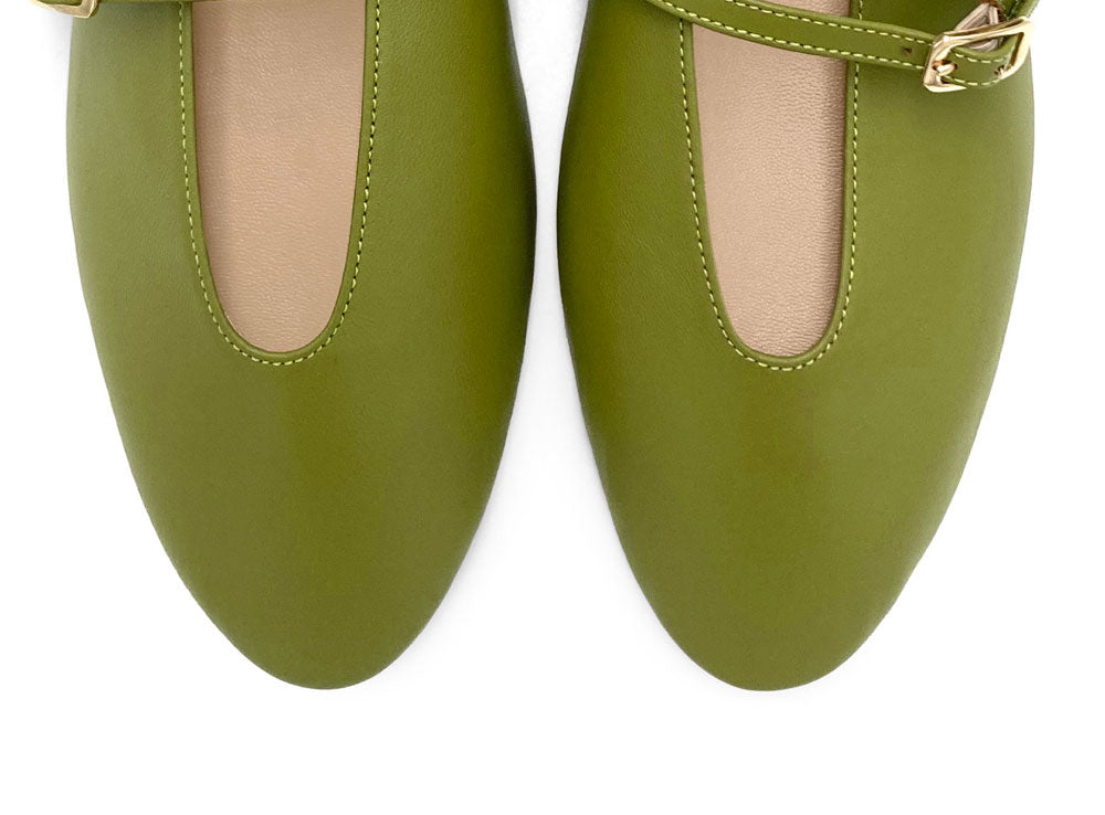 Ballerines vert olive en cuir avec col V et brides