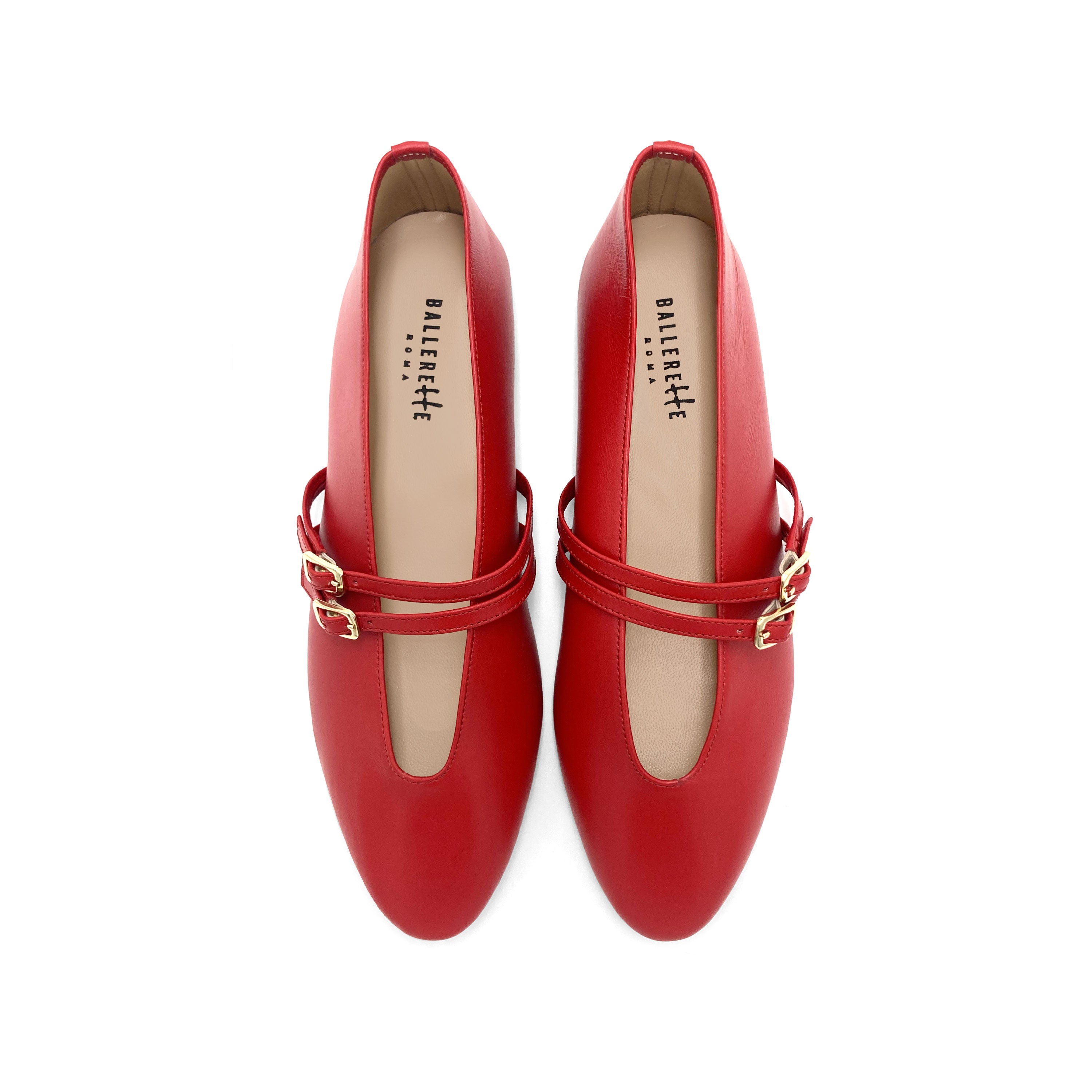 Ballerines rouge en cuir avec col V et brides