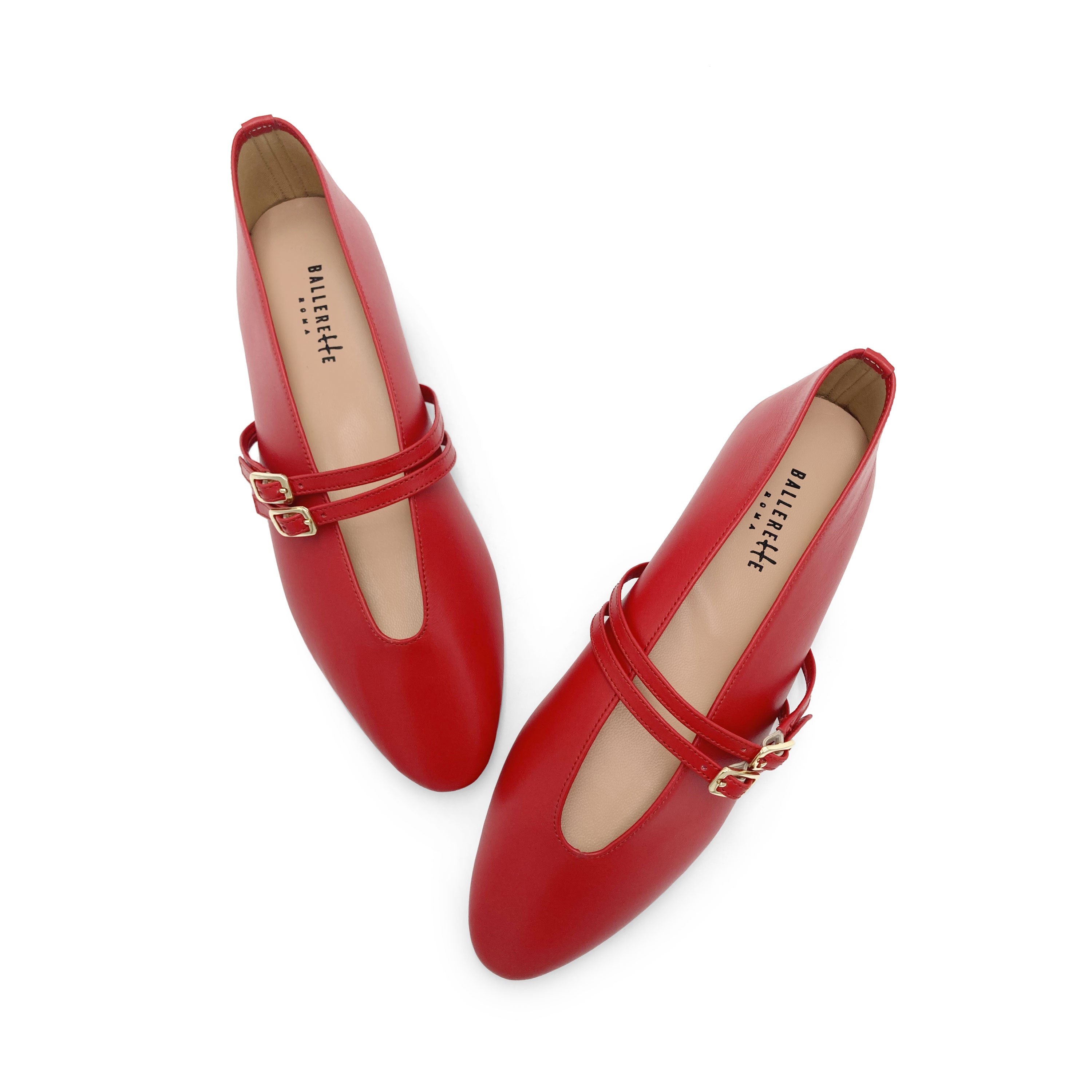 Ballerines rouge en cuir avec col V et brides