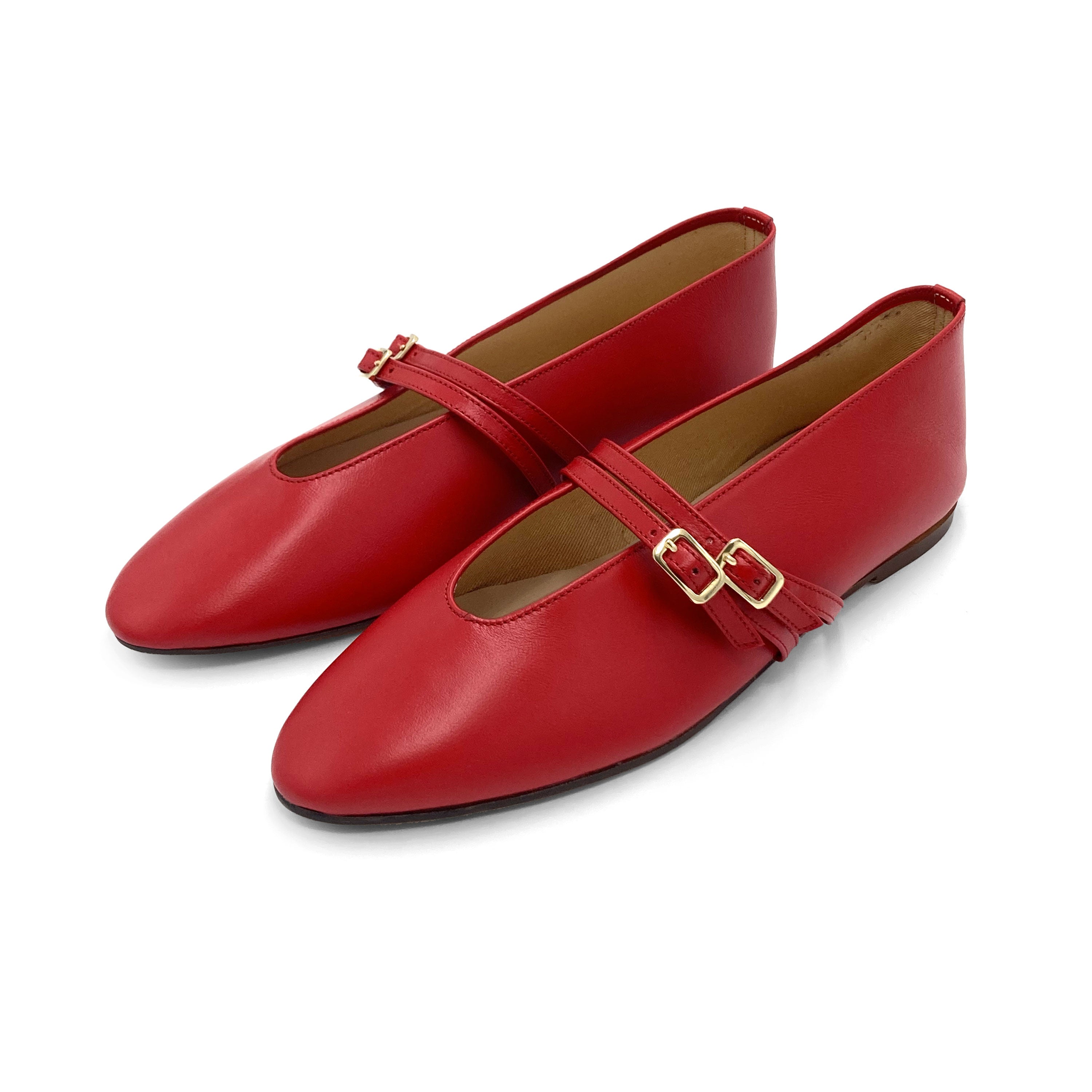 Ballerines rouge en cuir avec col V et brides