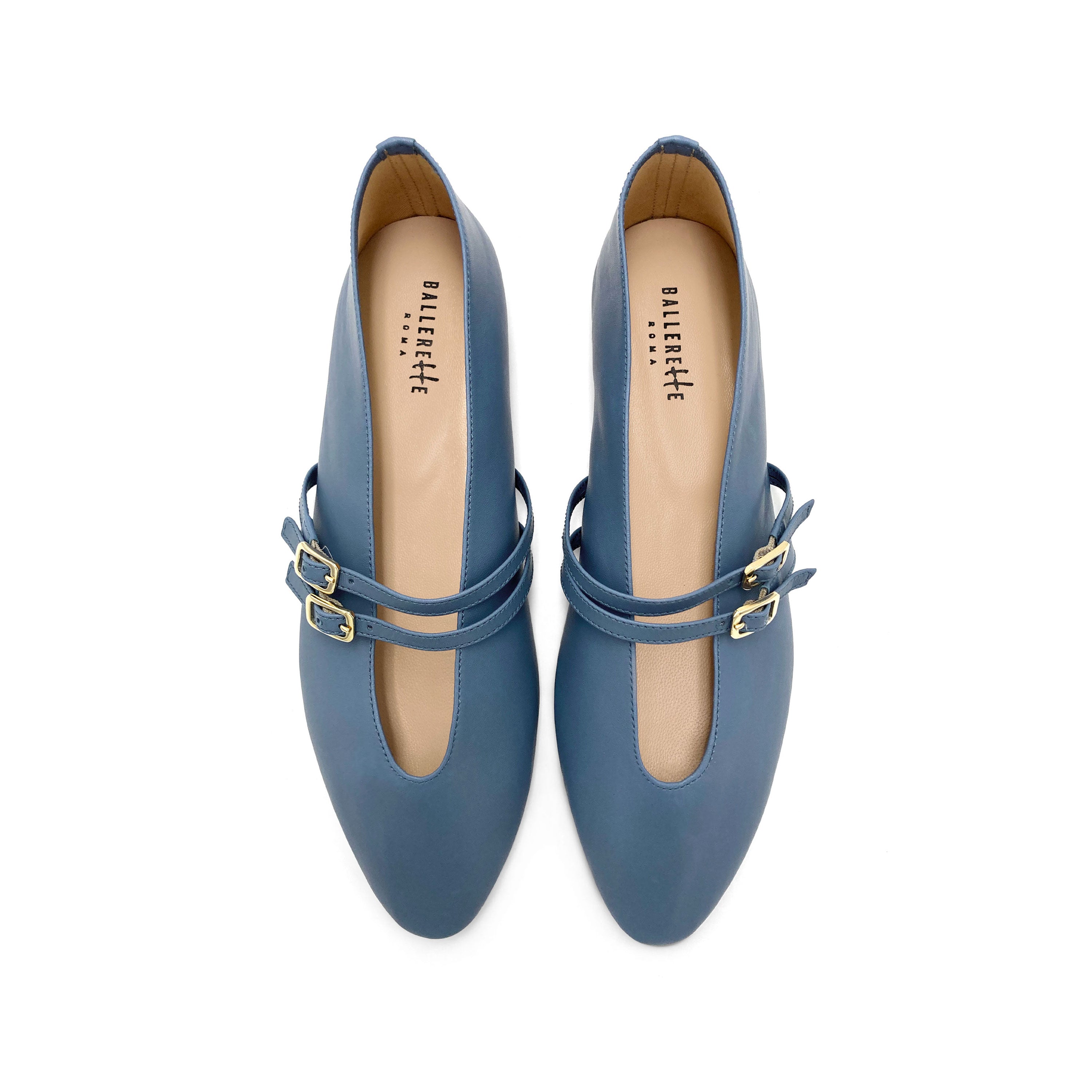 Ballerines bleu ceruleen en cuir avec col V et brides