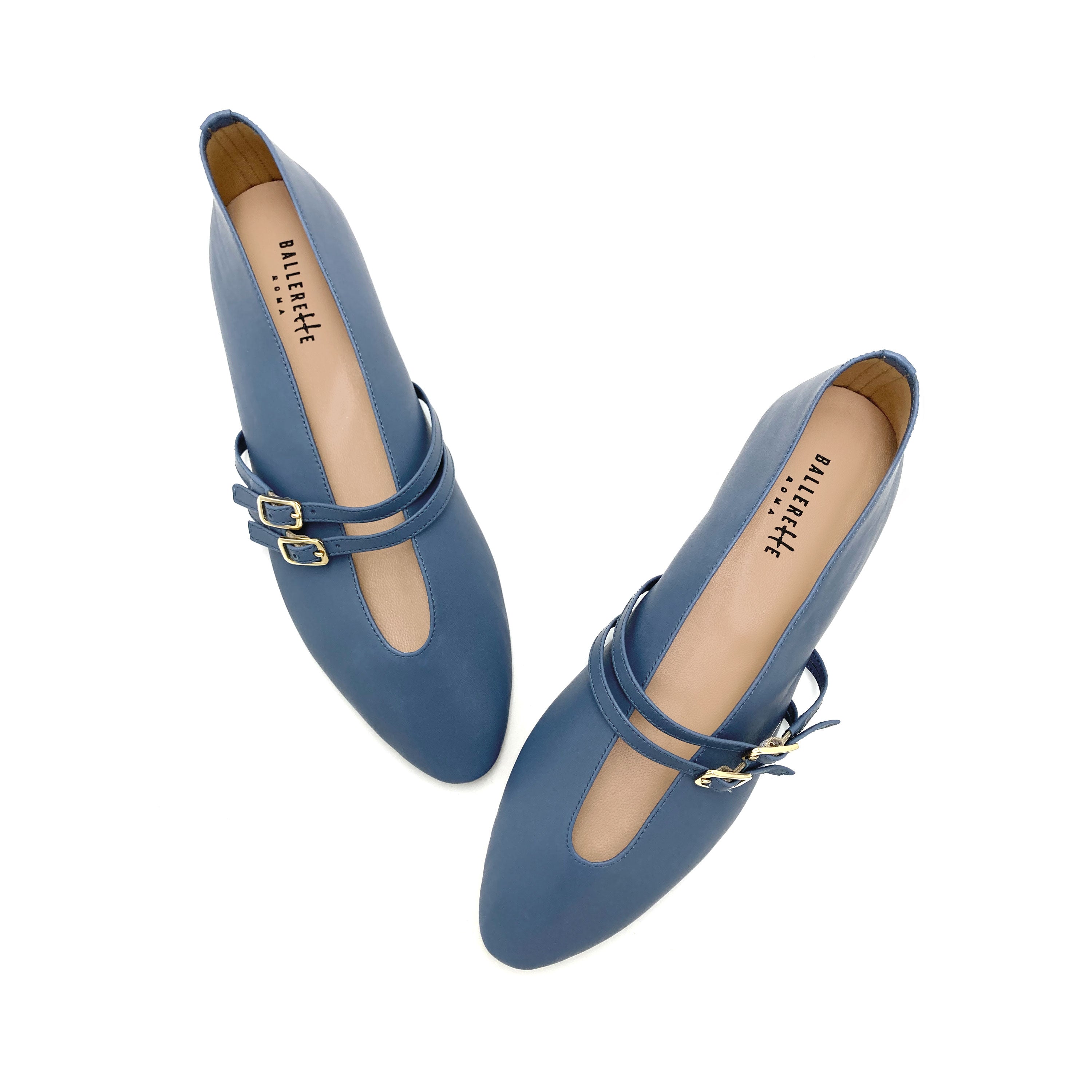 Ballerines bleu ceruleen en cuir avec col V et brides