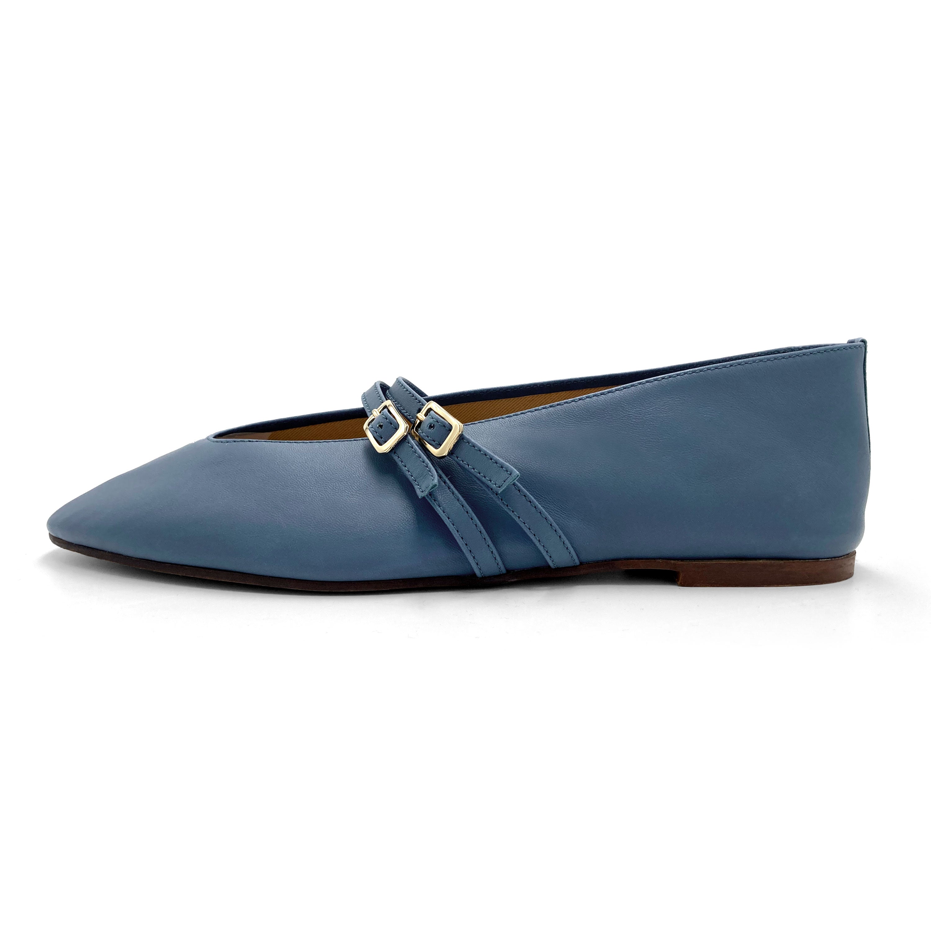 Ballerines bleu ceruleen en cuir avec col V et brides