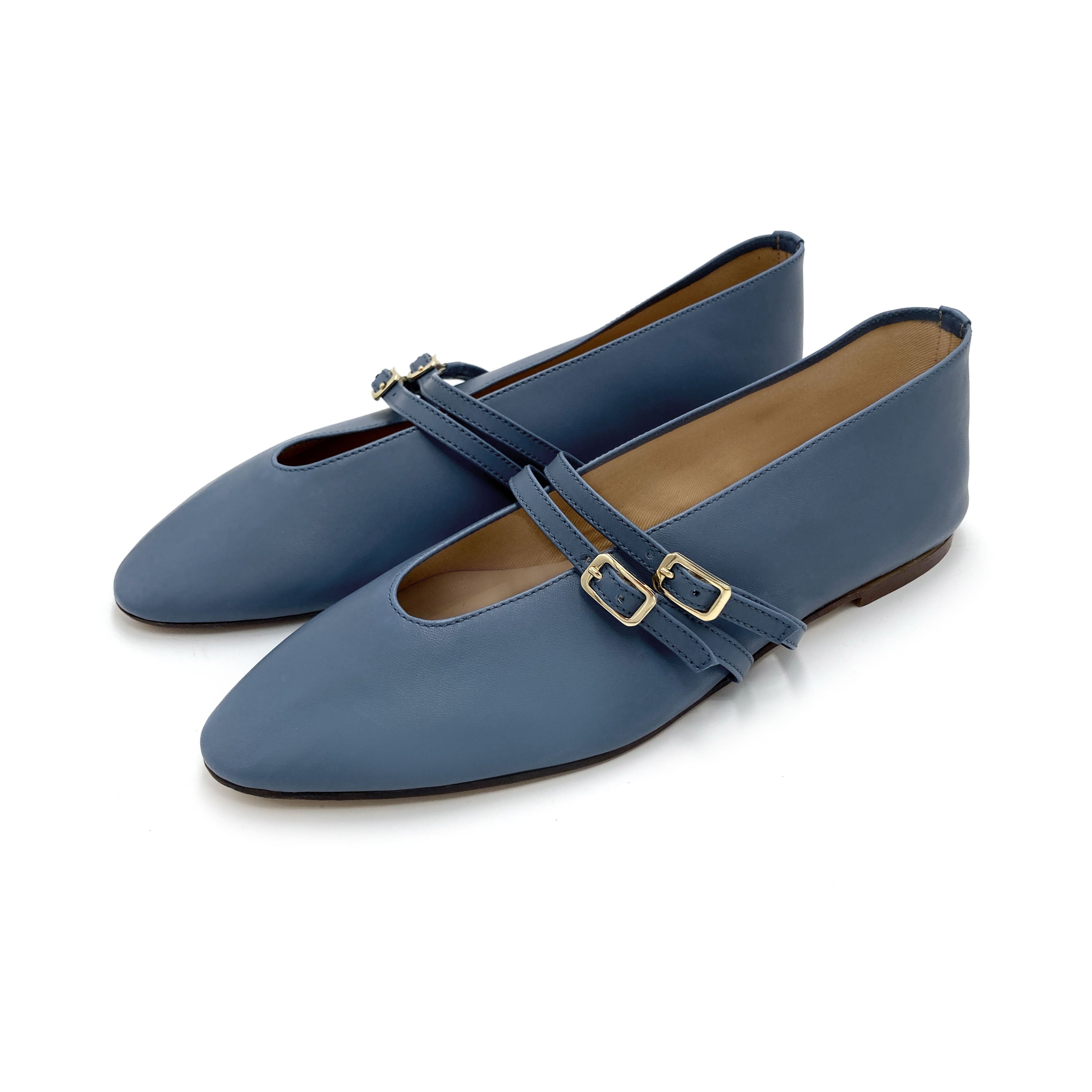 Ballerines bleu ceruleen en cuir avec col V et brides