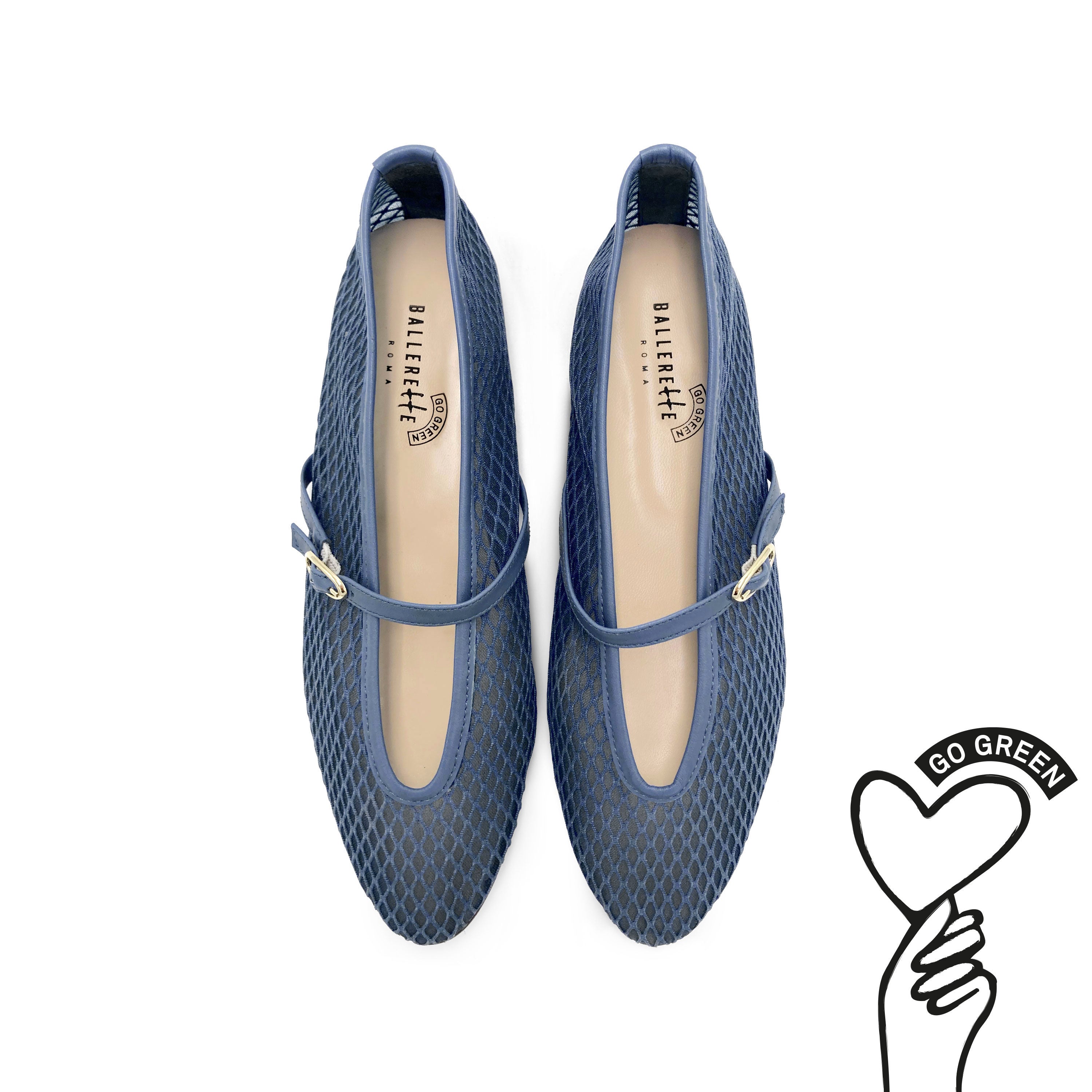 TT Go Green - Ballerines Mary Jane bleu denim avec bride en tissu eco-recyclé transparent