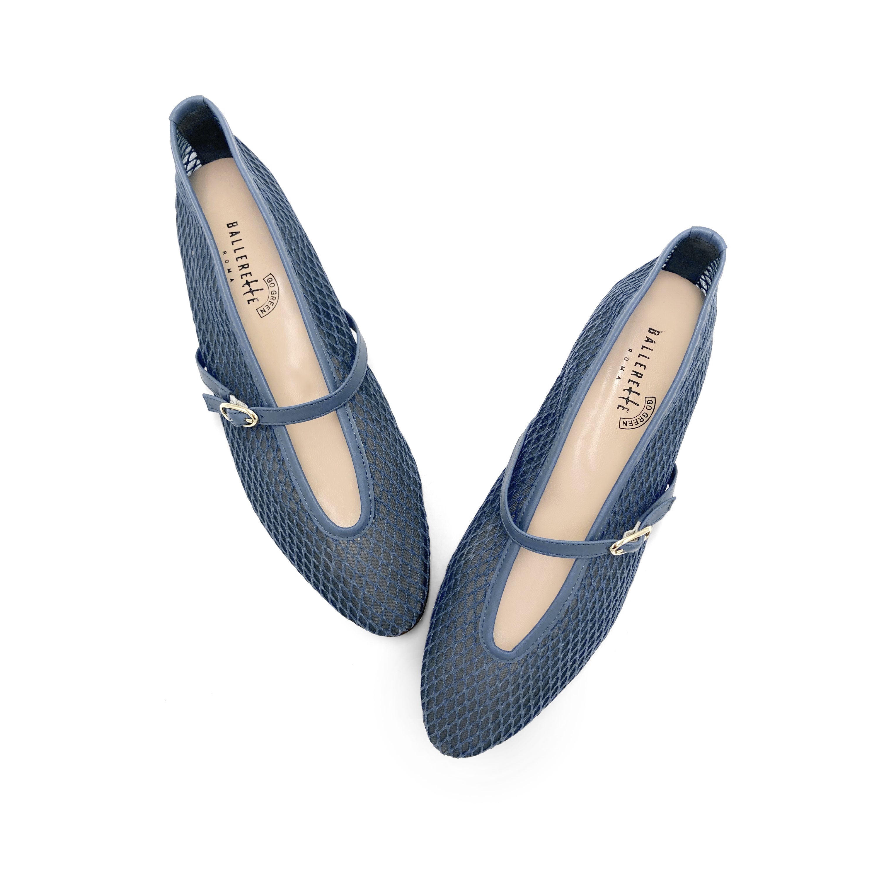 TT Go Green - Ballerines Mary Jane bleu denim avec bride en tissu eco-recyclé transparent