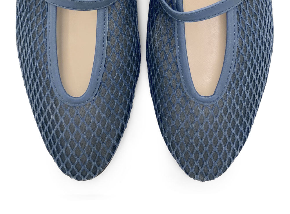 Blue denim transparent mesh ballet flats in eco recycled fabric