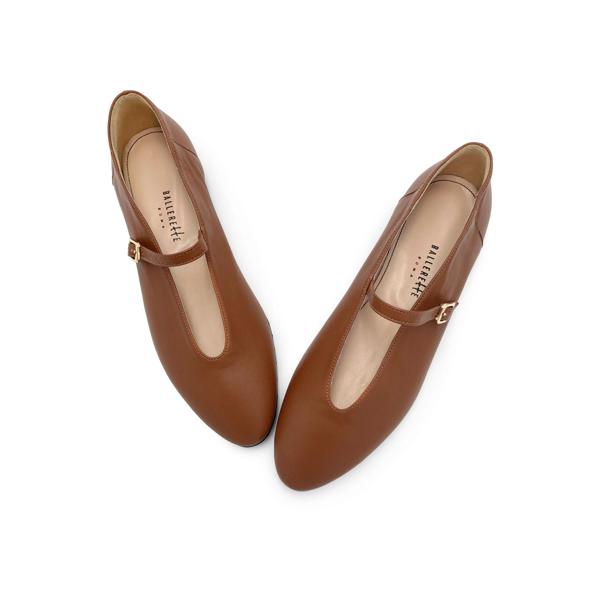 Ballerine marroni in pelle con scollo a V e cinturino