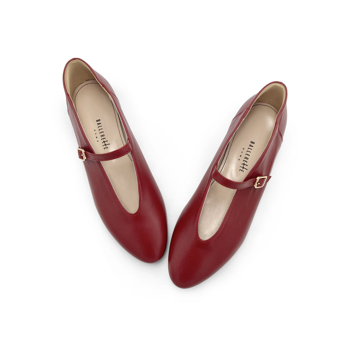 Ballerine rosso ciliegia in pelle con scollo a V e cinturino
