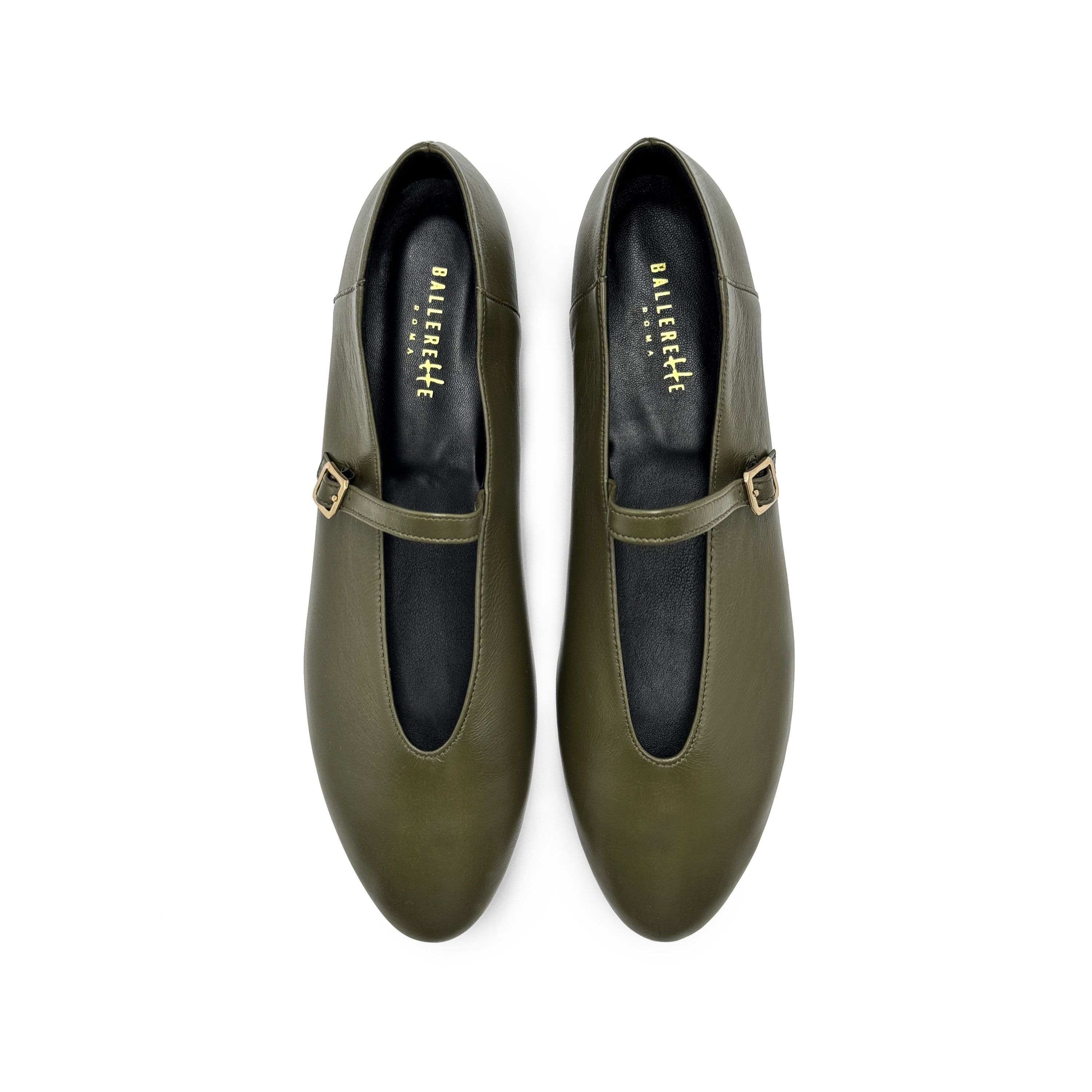 Ballerines en cuir vert olive avec col en V et bride