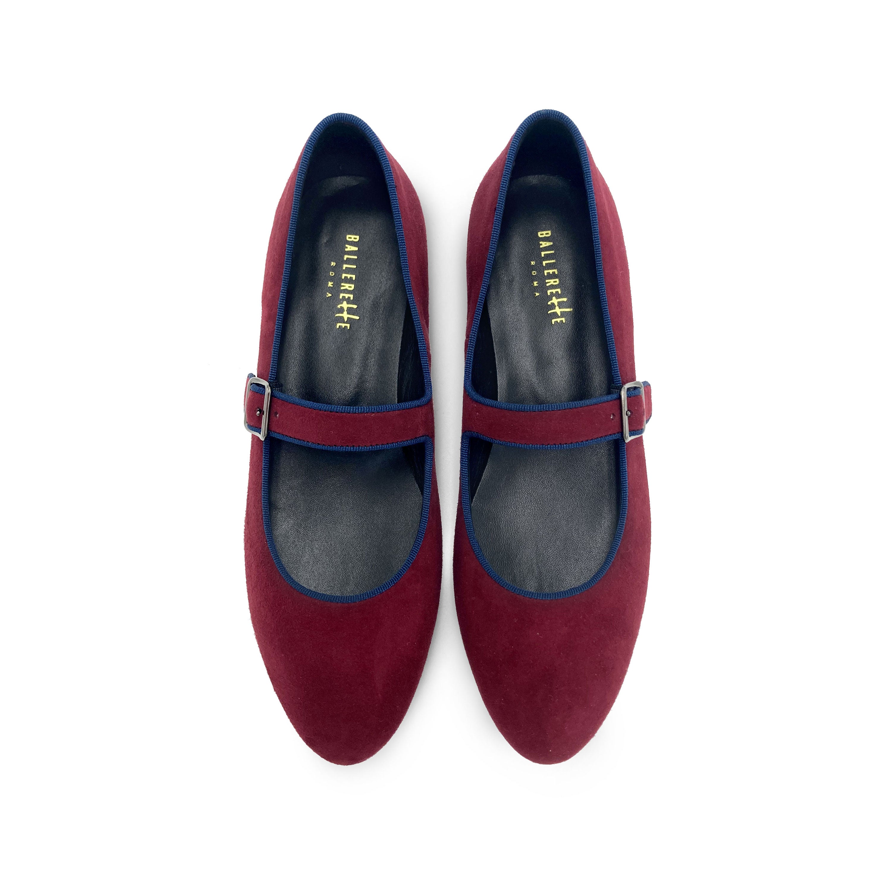 Ballerines Mary Jane en daim bordeaux et détails bleu avec bride