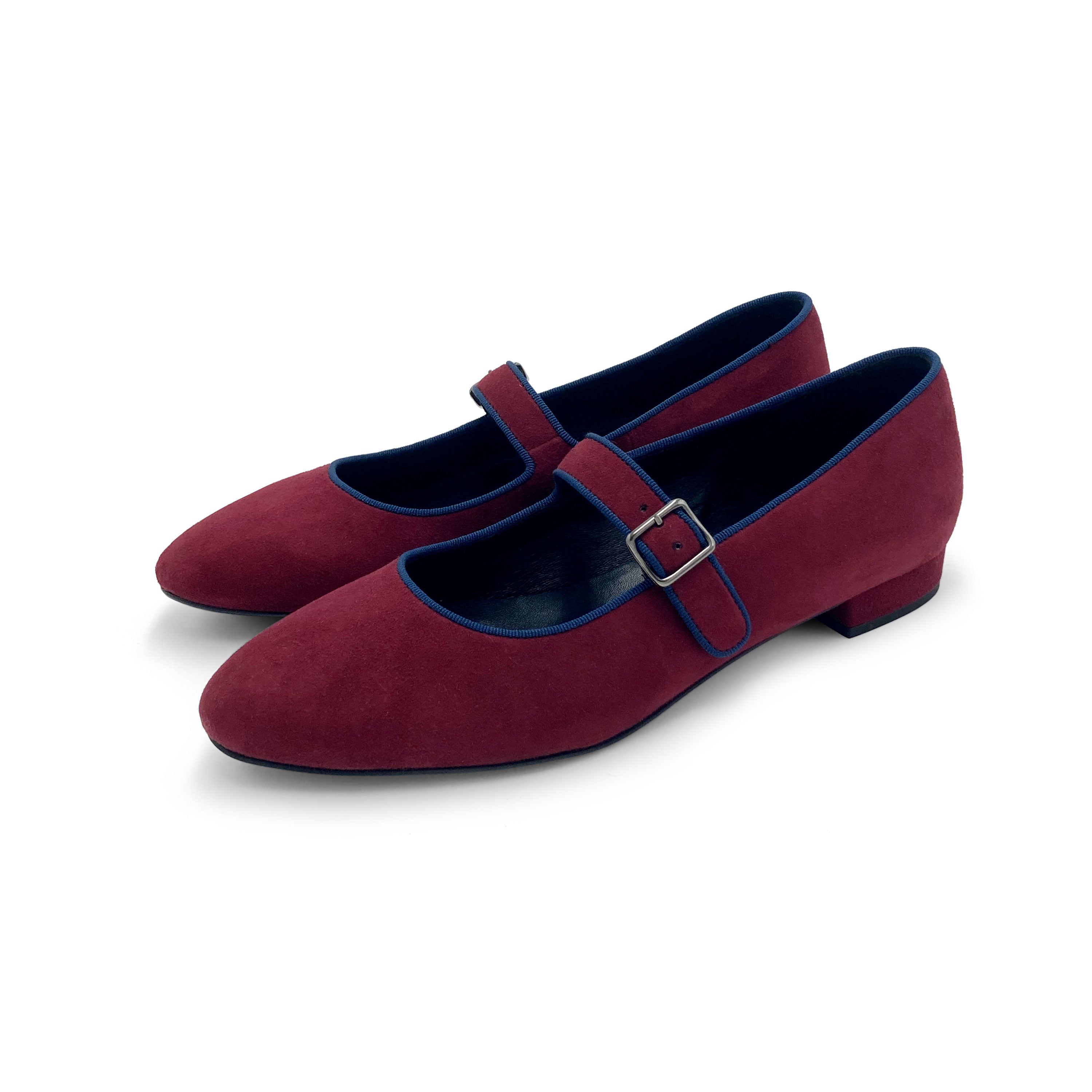 Ballerines Mary Jane en daim bordeaux et détails bleu avec bride