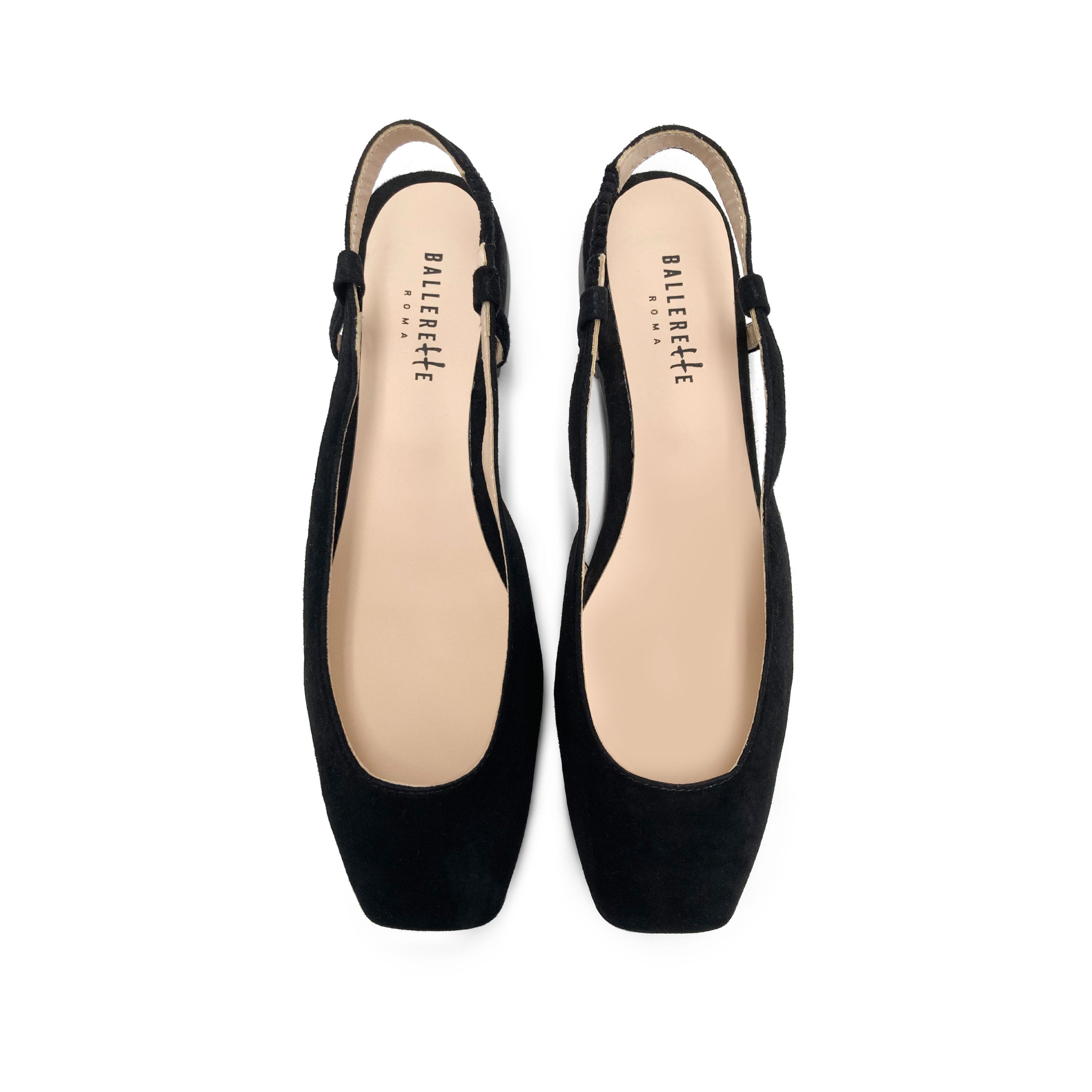 Black suede square toe slingback ballet flats