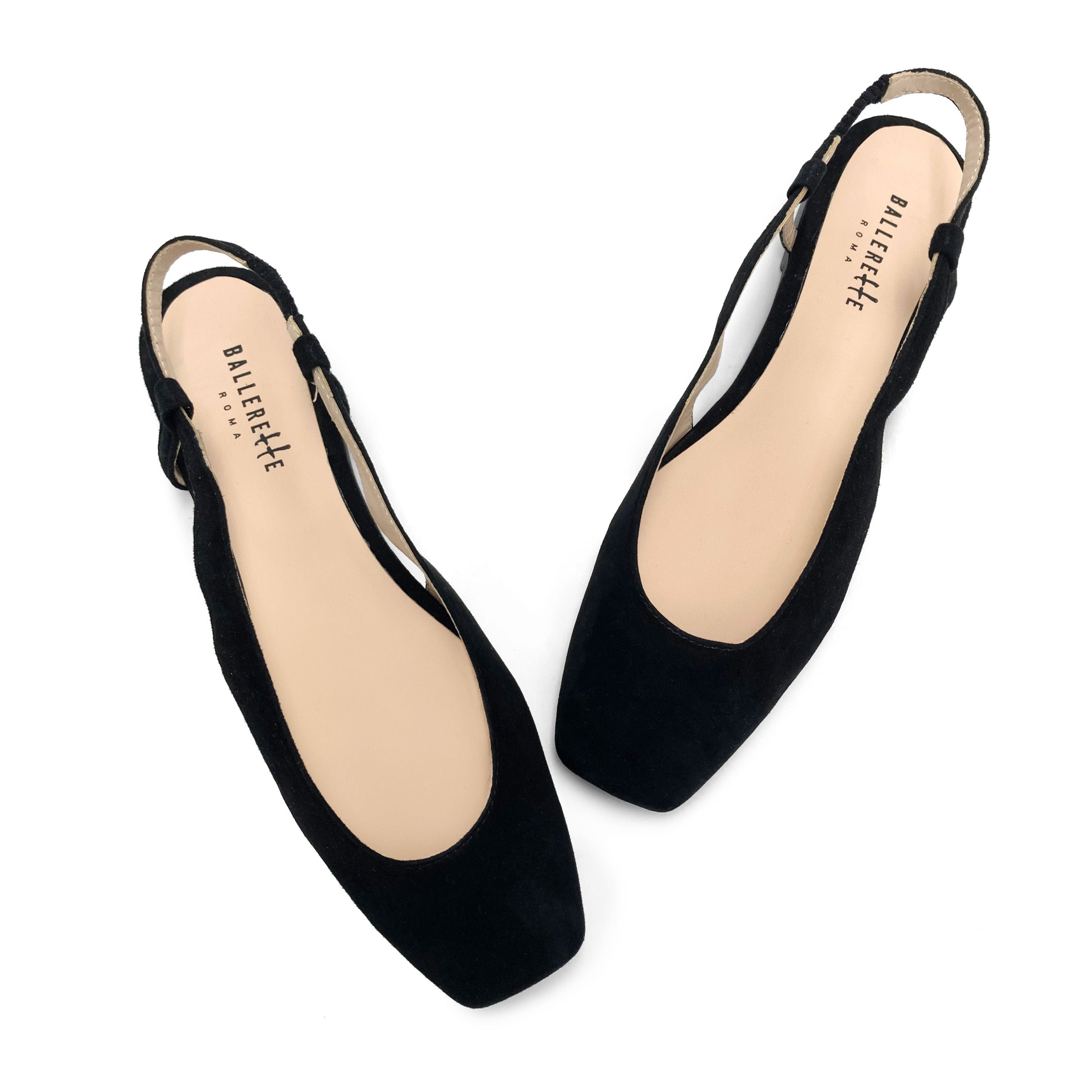 Black suede square toe slingback ballet flats