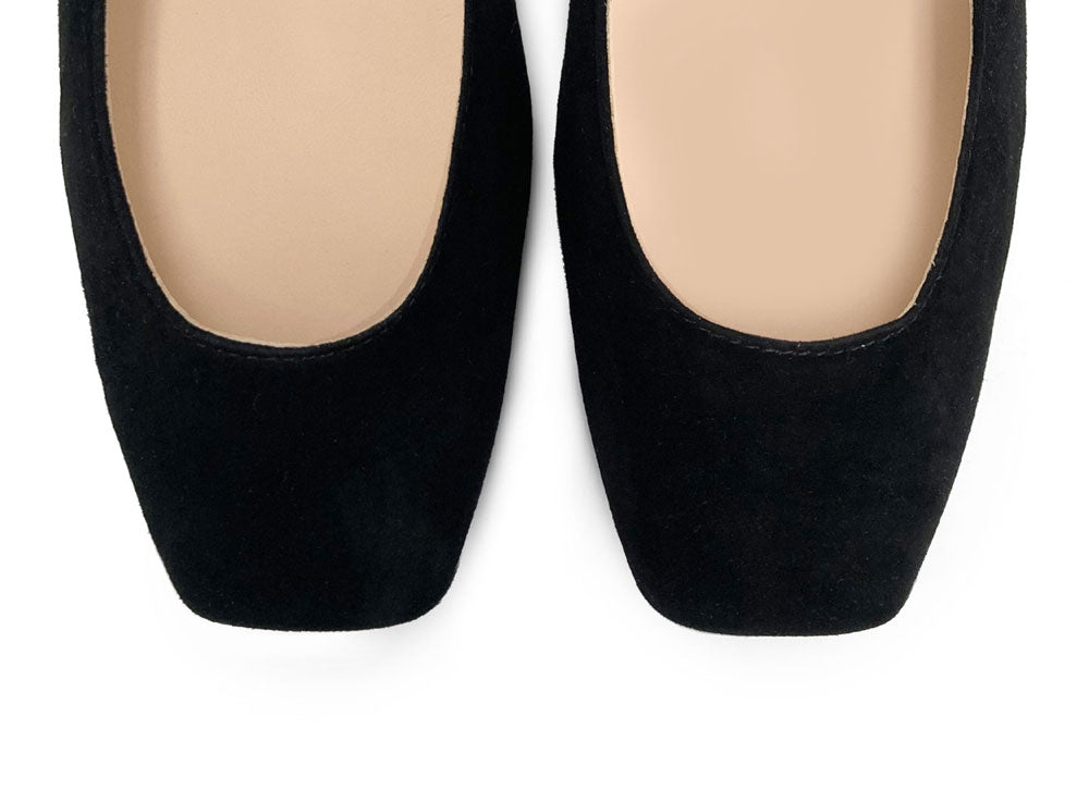 Black suede square toe slingback ballet flats
