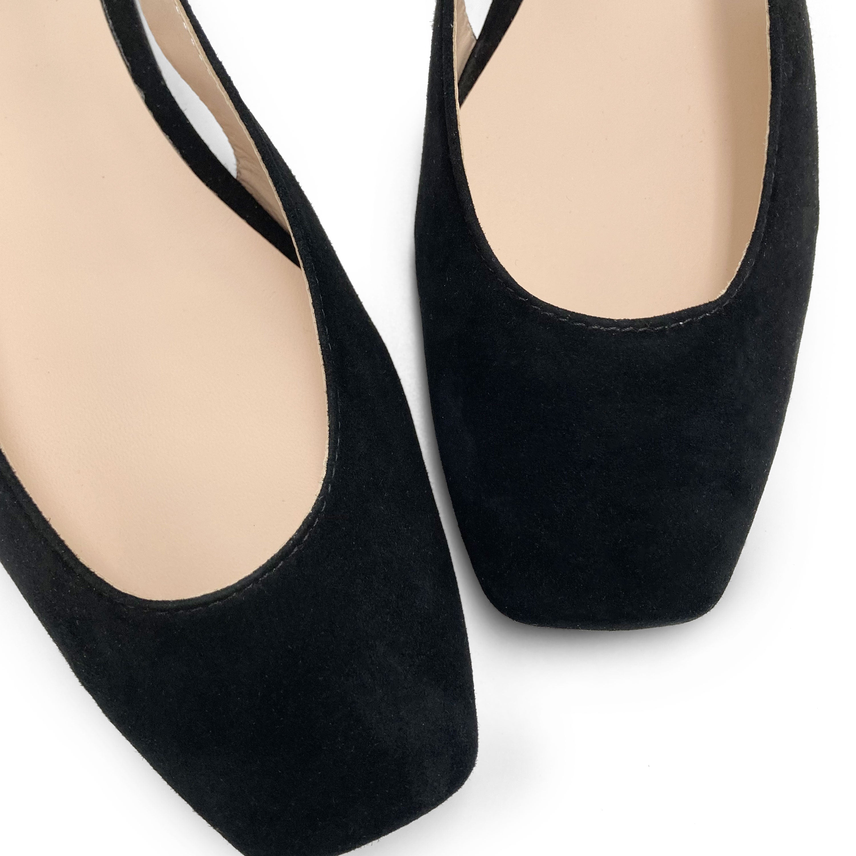 Black suede square toe slingback ballet flats
