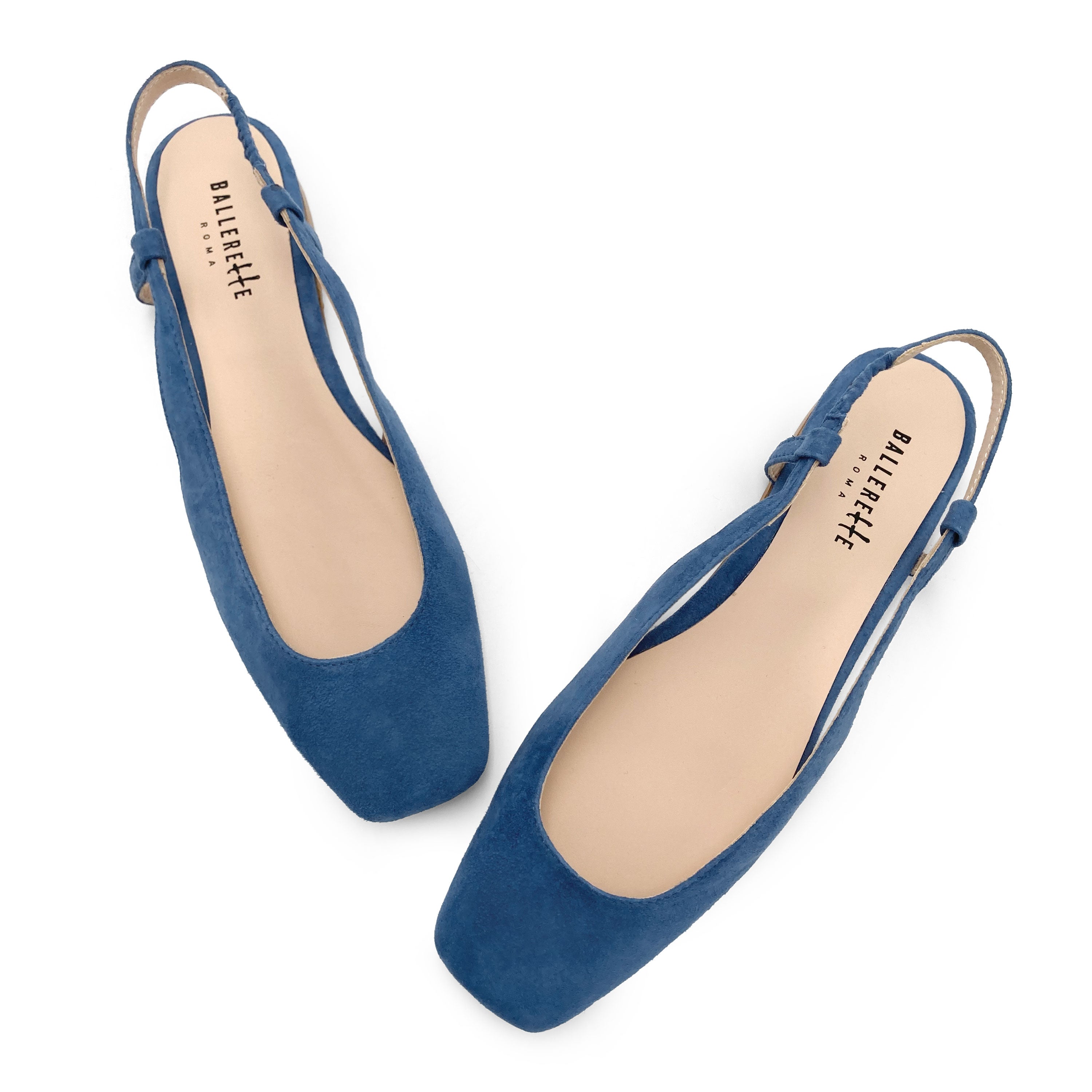 Ballerine slingback a punta quadrata azzurre ceruleo in camoscio